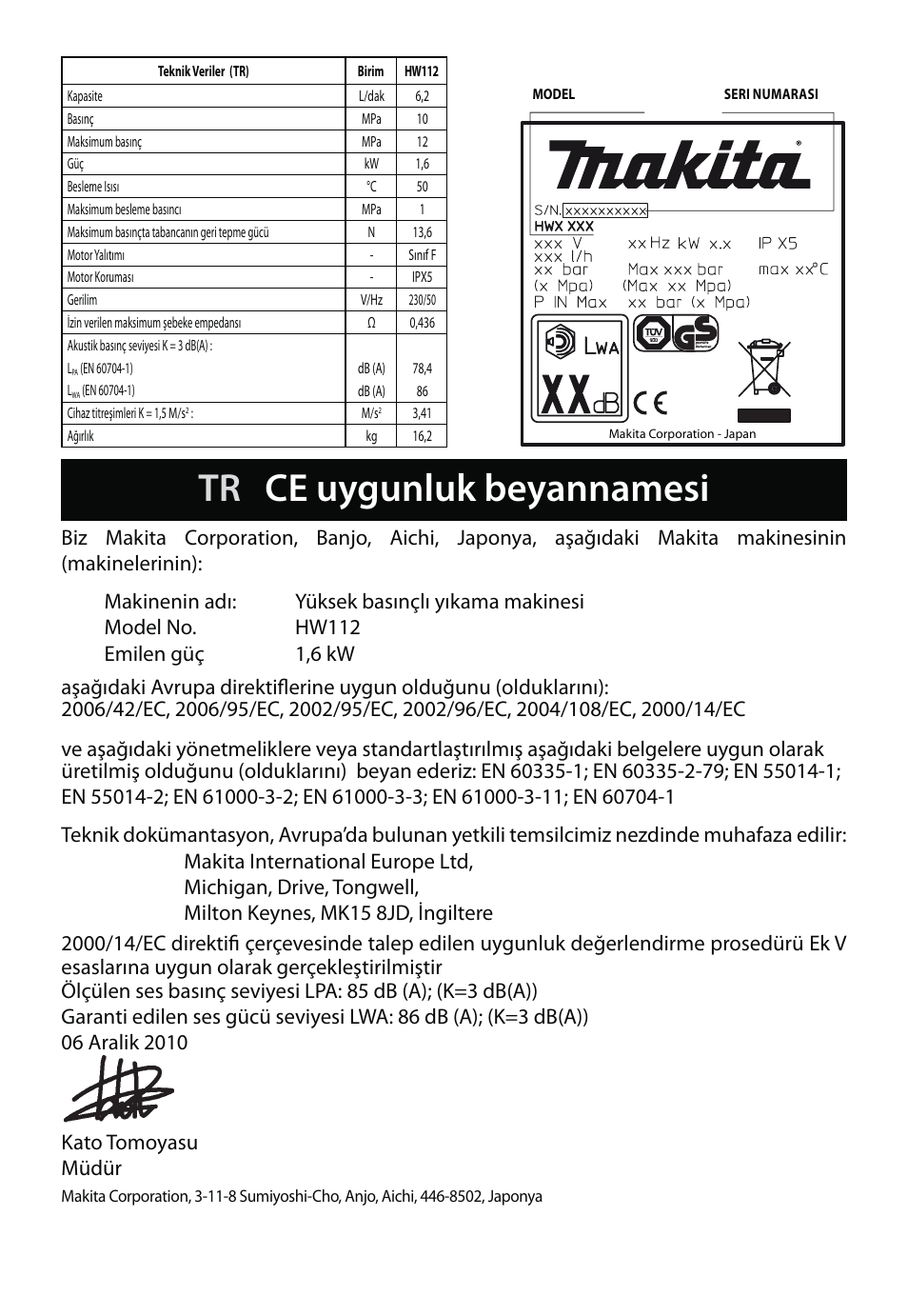 Tr ce uygunluk beyannamesi | Makita HW112 User Manual | Page 116 / 140