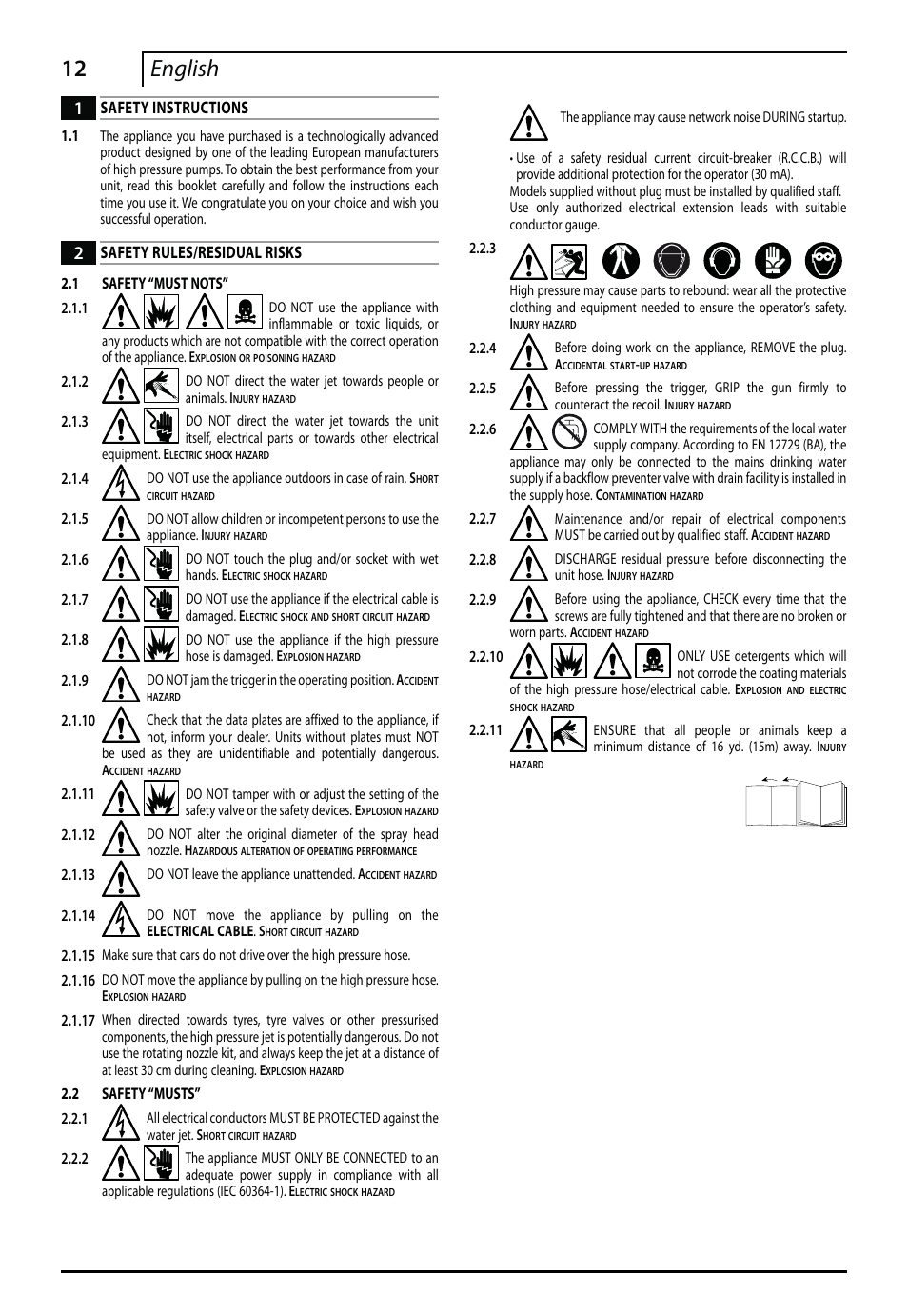 12 english, Safety instructions, Safety rules/residual risks | Makita HW112 User Manual | Page 12 / 140