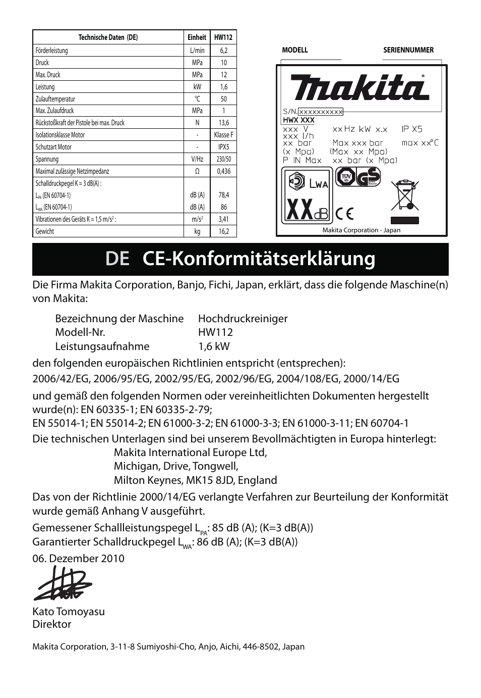 De ce-konformitätserklärung | Makita HW112 User Manual | Page 21 / 140