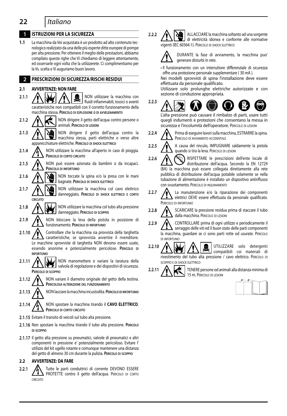 22 italiano, Istruzioni per la sicurezza, Prescrizioni di sicurezza/rischi residui | Makita HW112 User Manual | Page 22 / 140