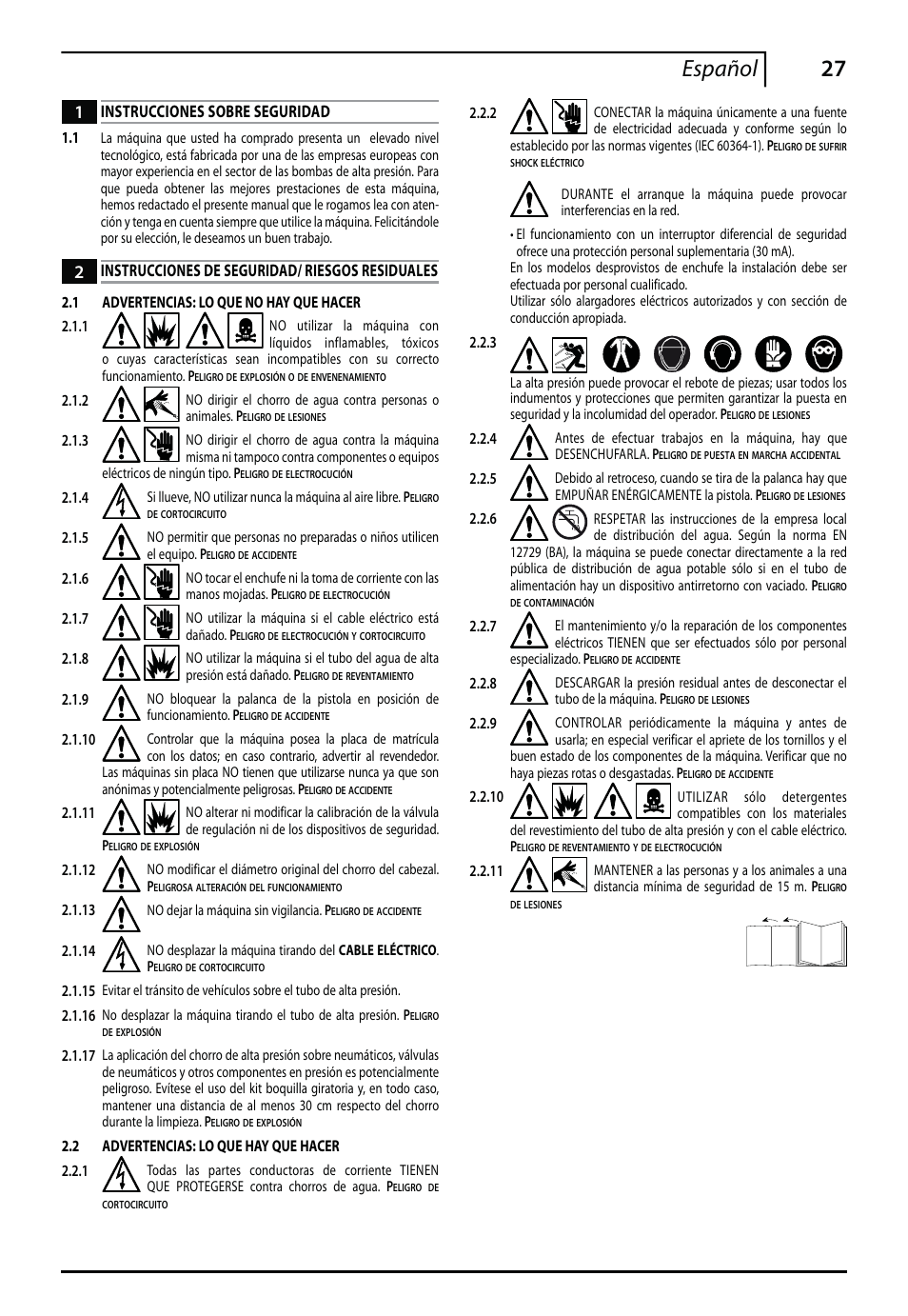 27 español, Instrucciones sobre seguridad, Instrucciones de seguridad/ riesgos residuales | Makita HW112 User Manual | Page 27 / 140