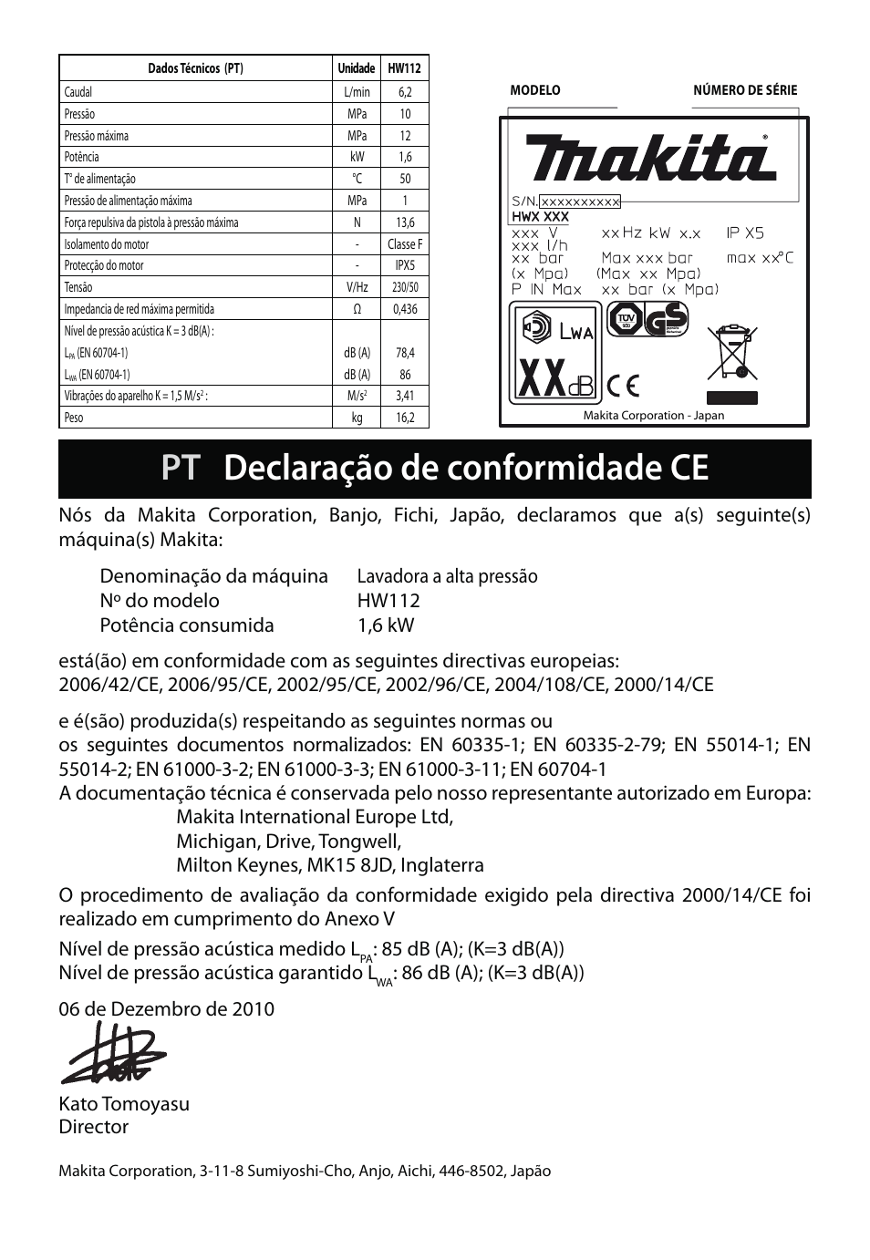 Pt declaração de conformidade ce | Makita HW112 User Manual | Page 36 / 140