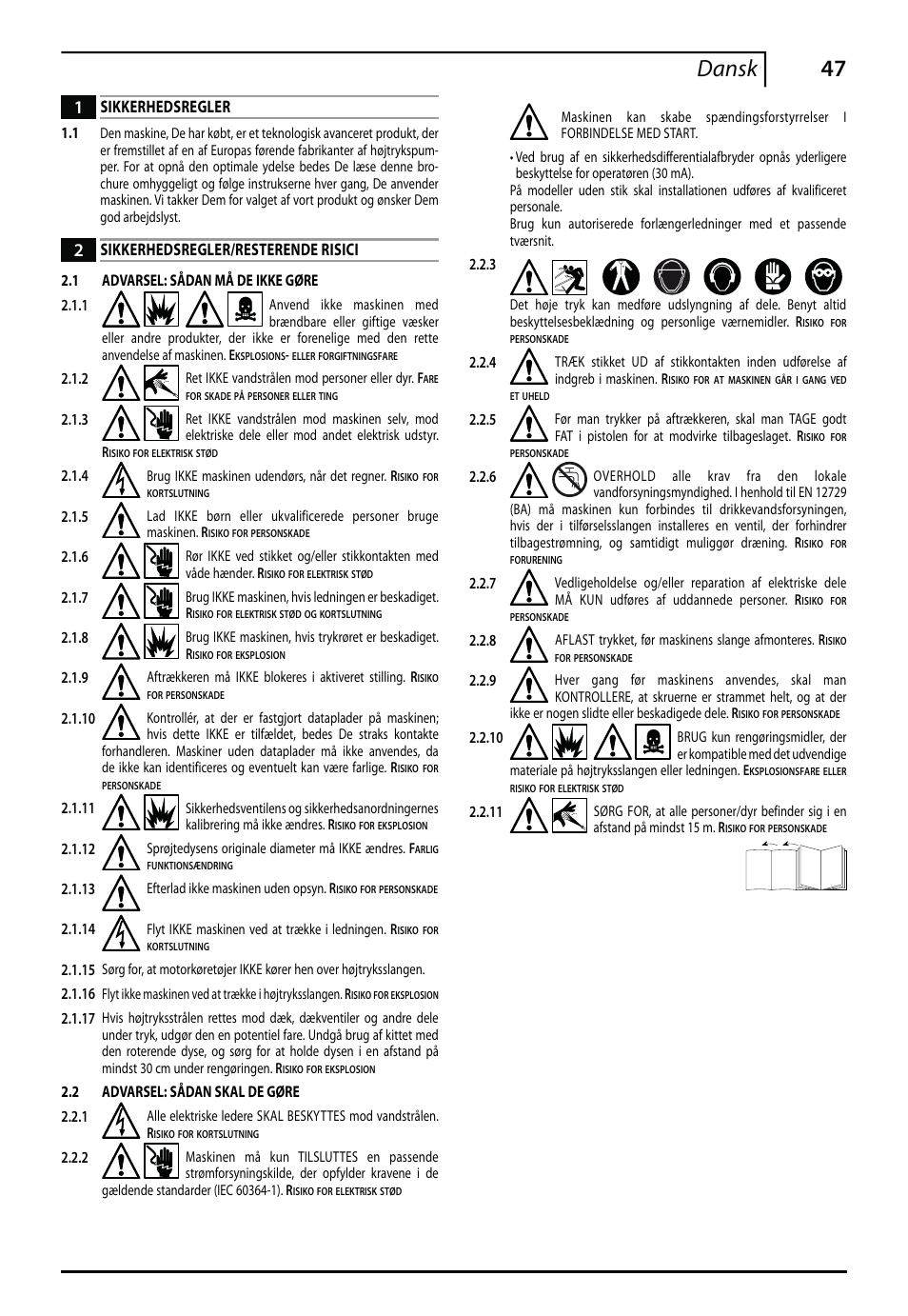 47 dansk, Sikkerhedsregler, Sikkerhedsregler/resterende risici | Makita HW112 User Manual | Page 47 / 140