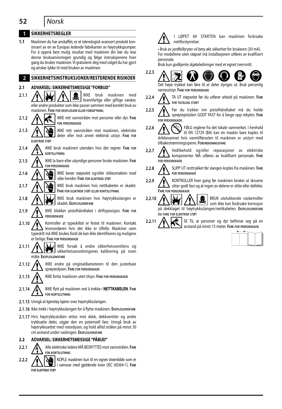 52 norsk, Sikkerhetsregler, Sikkerhetsinstruksjoner/resterende risikoer | Makita HW112 User Manual | Page 52 / 140