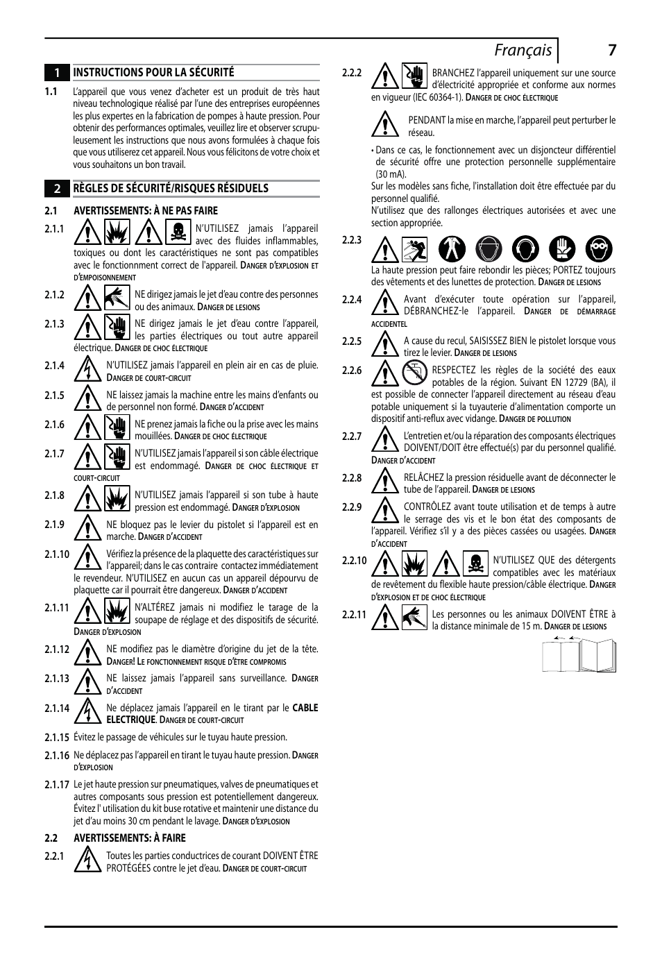 7français, Instructions pour la sécurité, Règles de sécurité/risques résiduels | Makita HW112 User Manual | Page 7 / 140