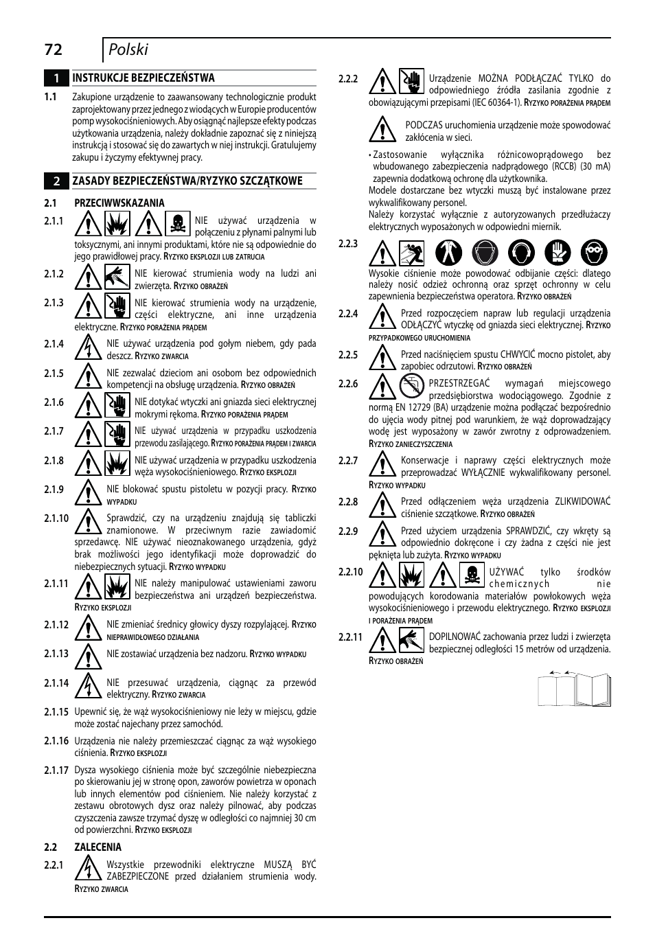 72 polski, Instrukcje bezpieczeństwa, Zasady bezpieczeństwa/ryzyko szczątkowe | Makita HW112 User Manual | Page 72 / 140