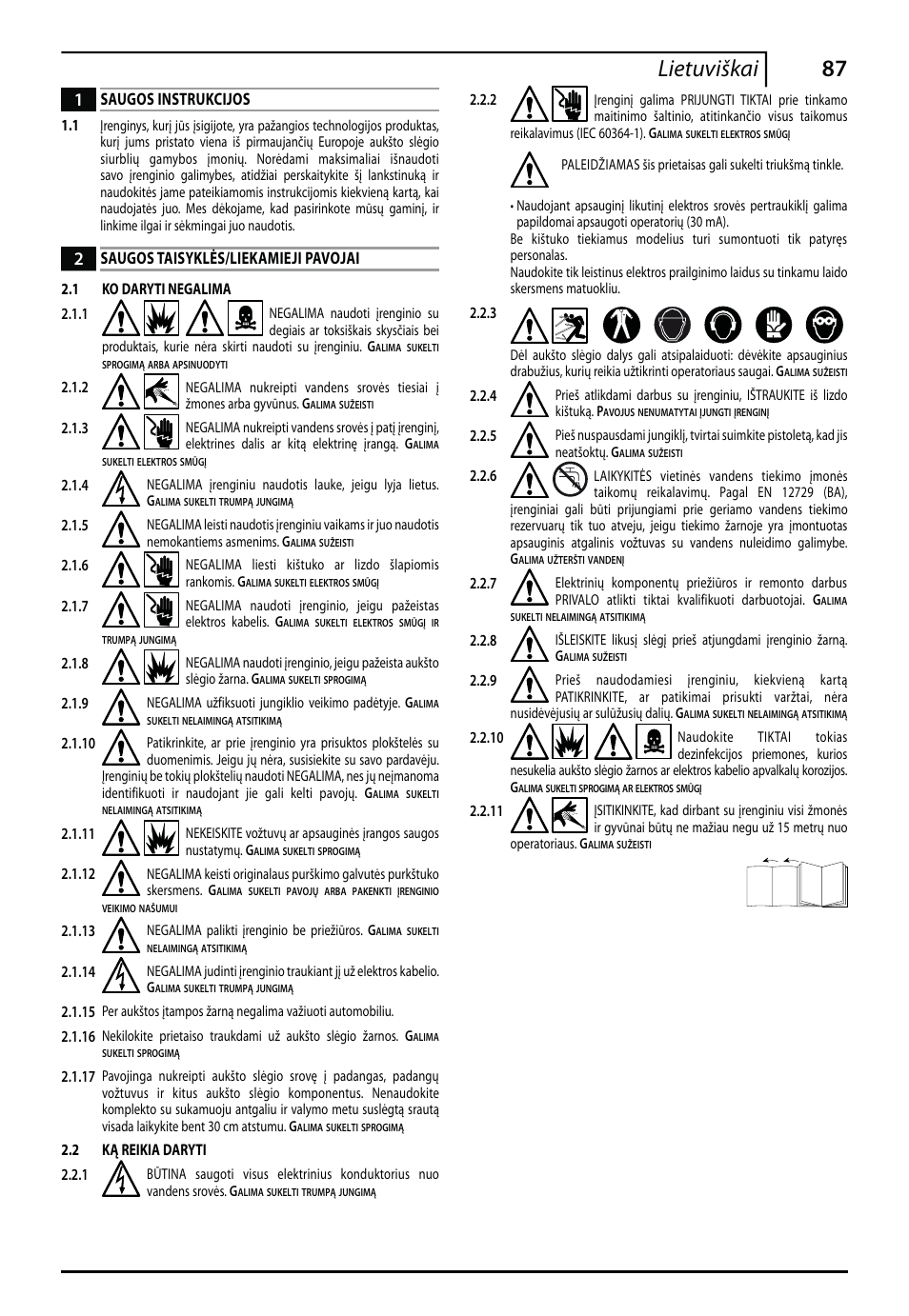 87 lietuviškai, Saugos instrukcijos, Saugos taisyklės/liekamieji pavojai | Makita HW112 User Manual | Page 87 / 140