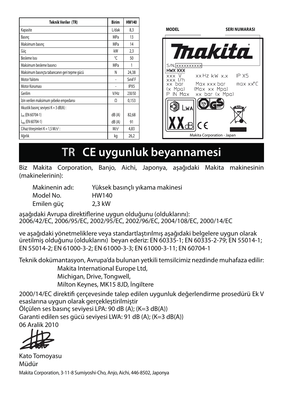 Tr ce uygunluk beyannamesi | Makita HW140 User Manual | Page 116 / 140