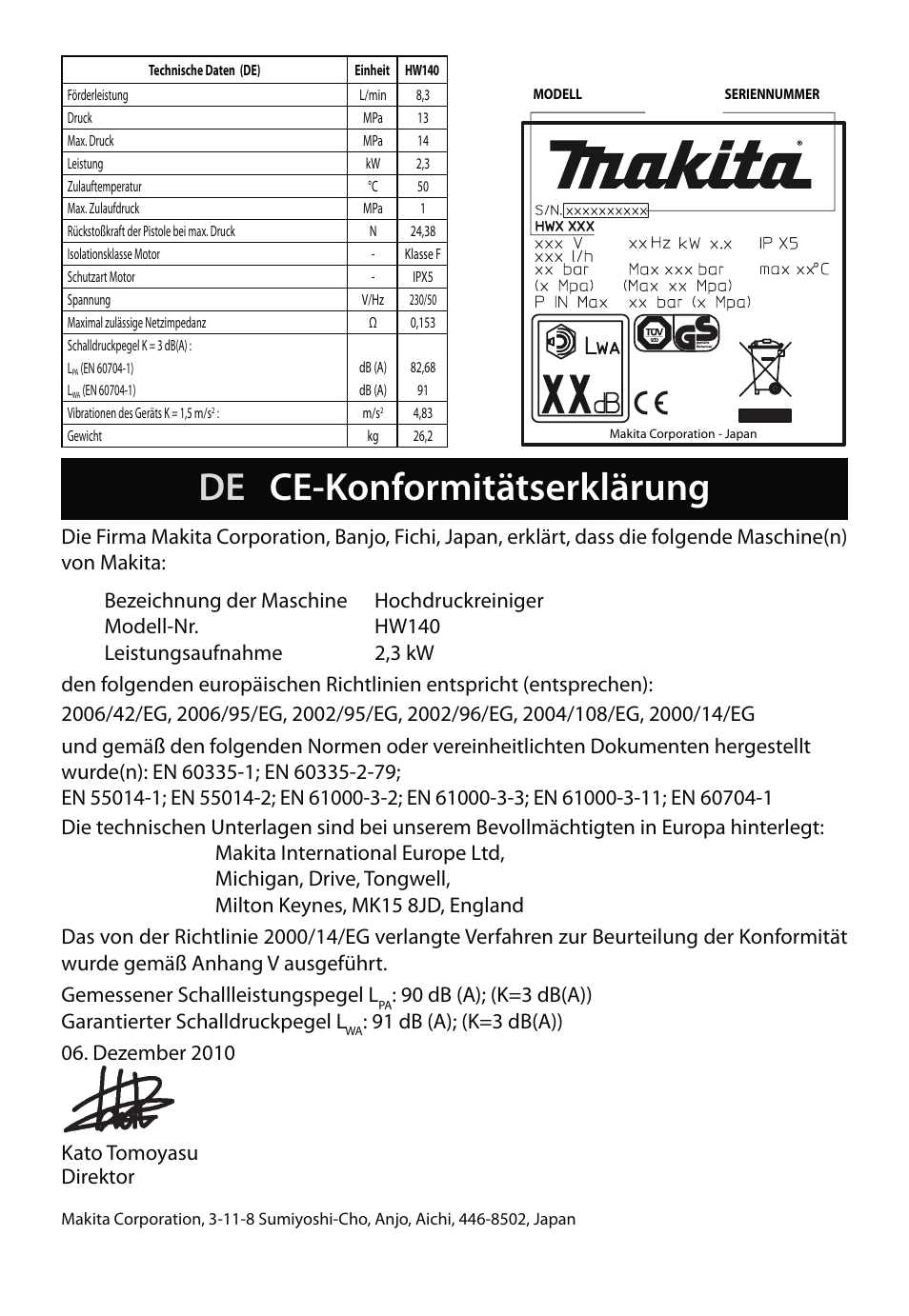 De ce-konformitätserklärung | Makita HW140 User Manual | Page 21 / 140