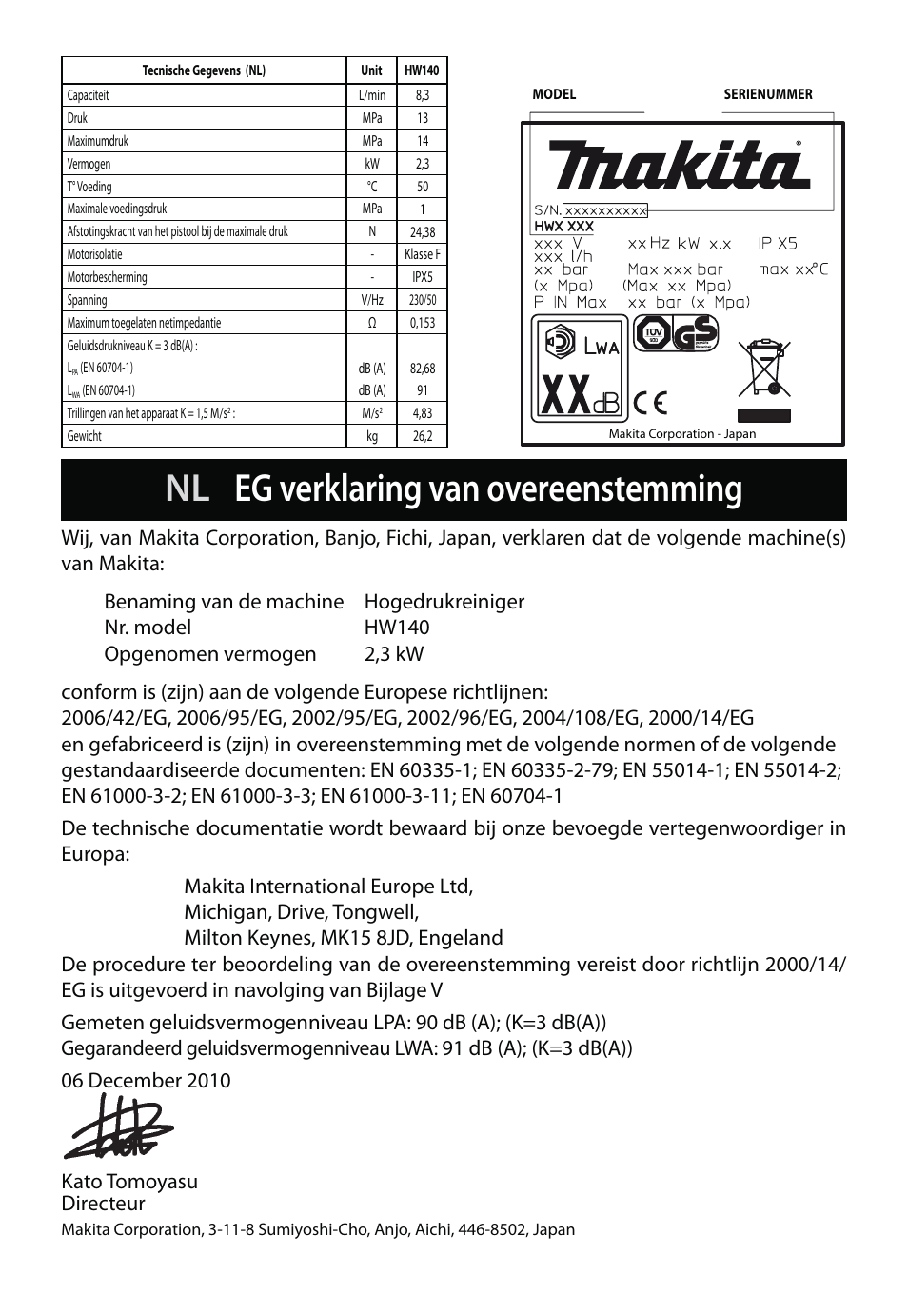 Nl eg verklaring van overeenstemming | Makita HW140 User Manual | Page 46 / 140