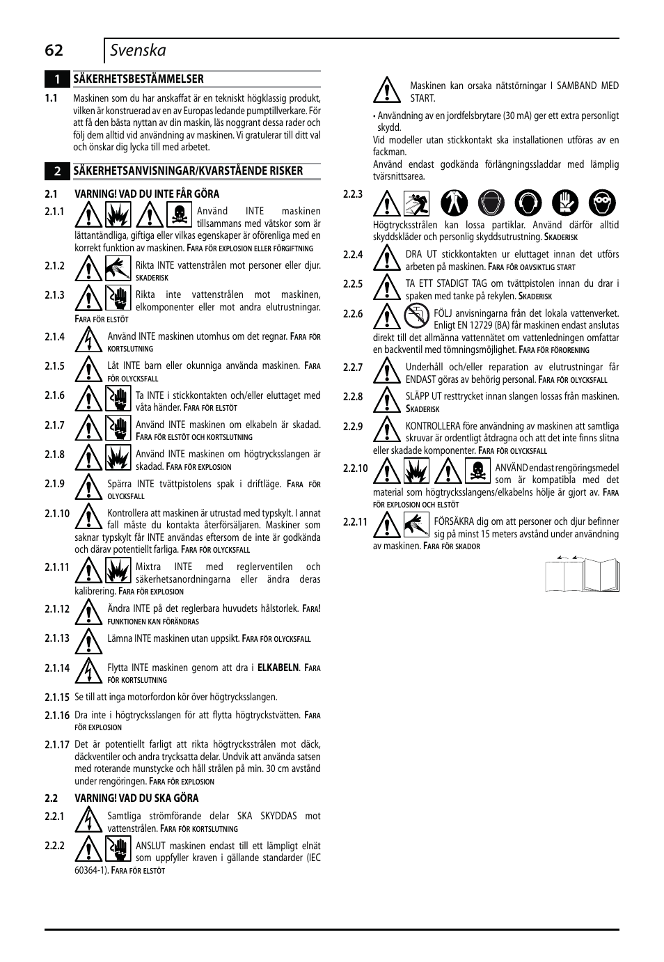 62 svenska, Säkerhetsbestämmelser, Säkerhetsanvisningar/kvarstående risker | Makita HW140 User Manual | Page 62 / 140