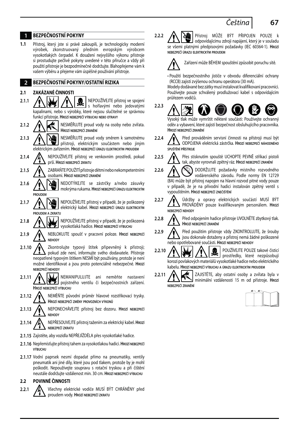 67 čeština, Bezpečnostní pokyny, Bezpečnostní pokyny/ostatní rizika | Makita HW140 User Manual | Page 67 / 140