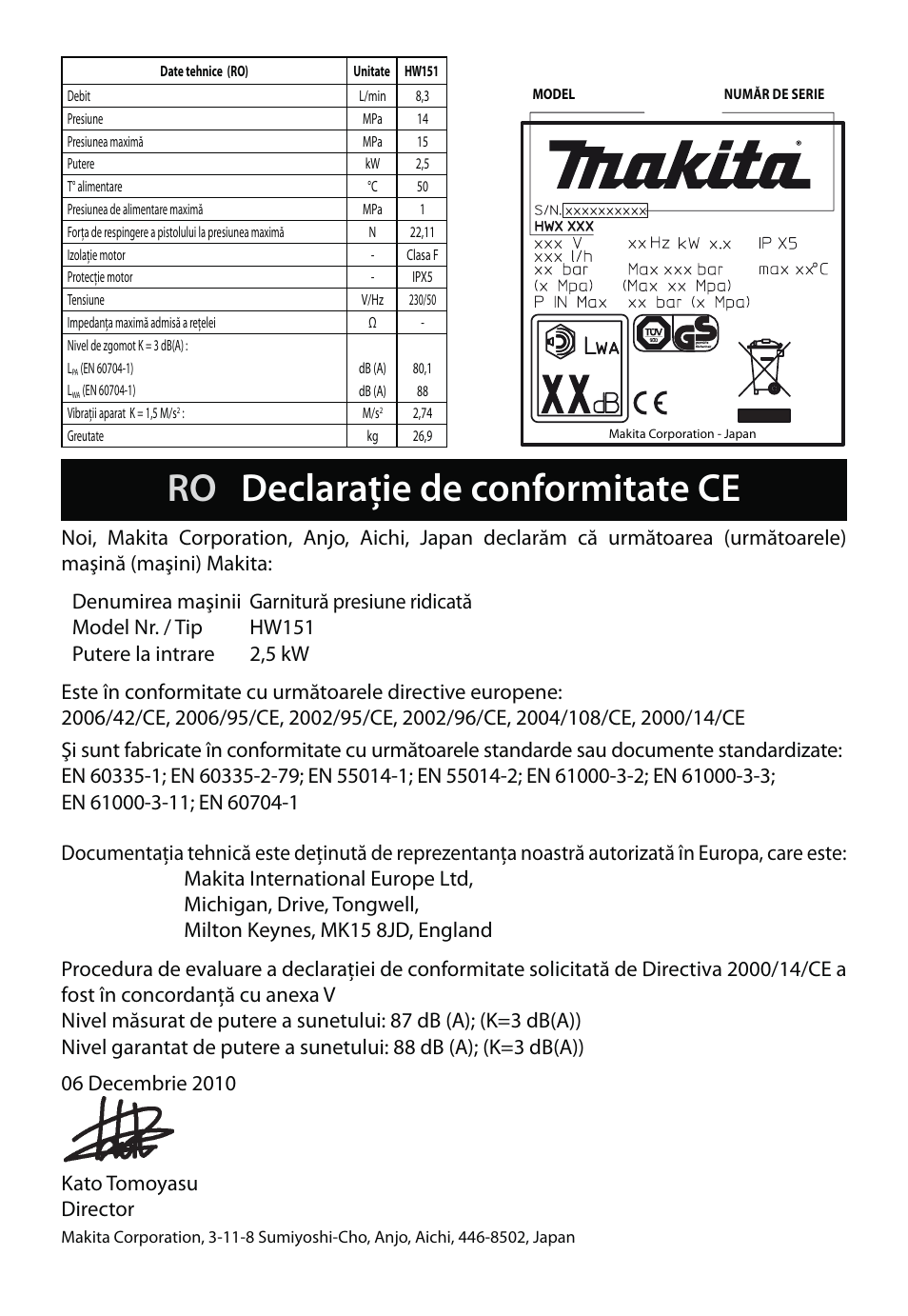 Ro declaraţie de conformitate ce | Makita HW151 User Manual | Page 111 / 140