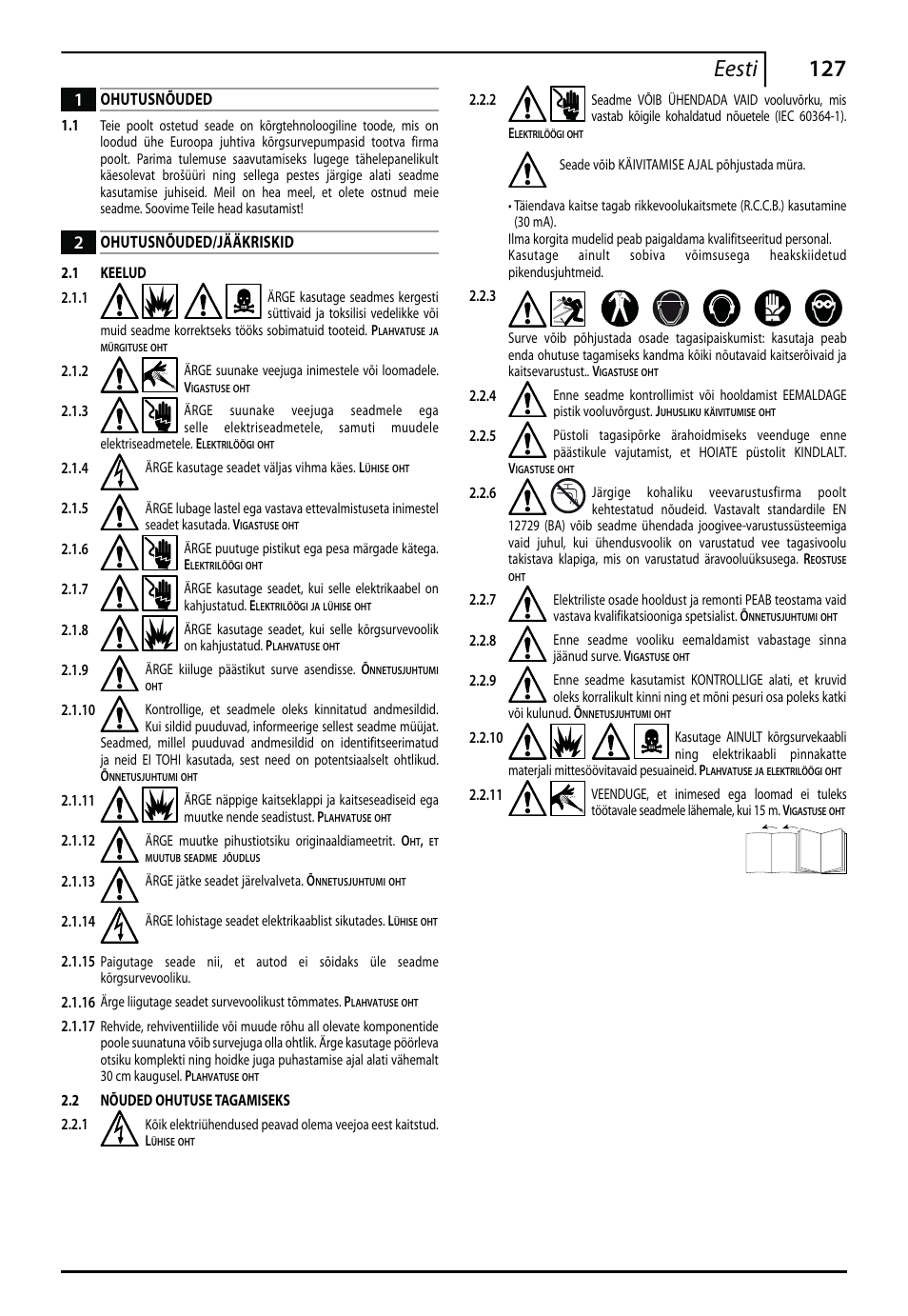 127 eesti, Ohutusnõuded, Ohutusnõuded/jääkriskid | Makita HW151 User Manual | Page 127 / 140