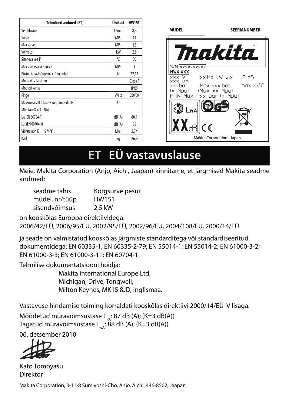 Et eü vastavuslause, 87 db (a); (k=3 db(a)) tagatud müravõimsustase l | Makita HW151 User Manual | Page 131 / 140