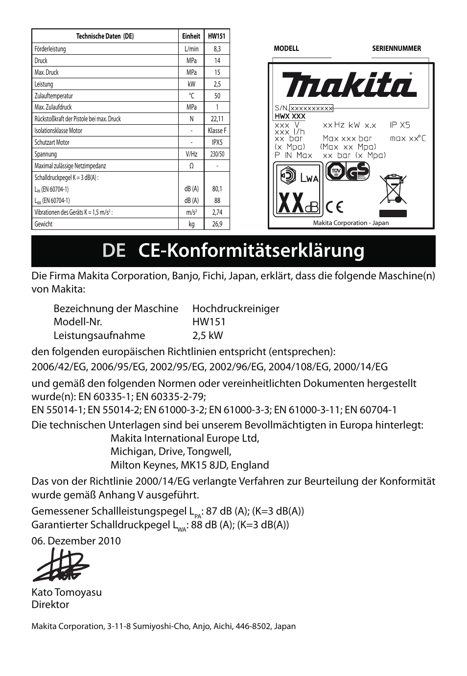 De ce-konformitätserklärung | Makita HW151 User Manual | Page 21 / 140