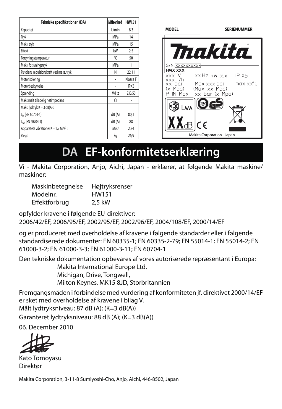 Da ef-konformitetserklæring | Makita HW151 User Manual | Page 51 / 140