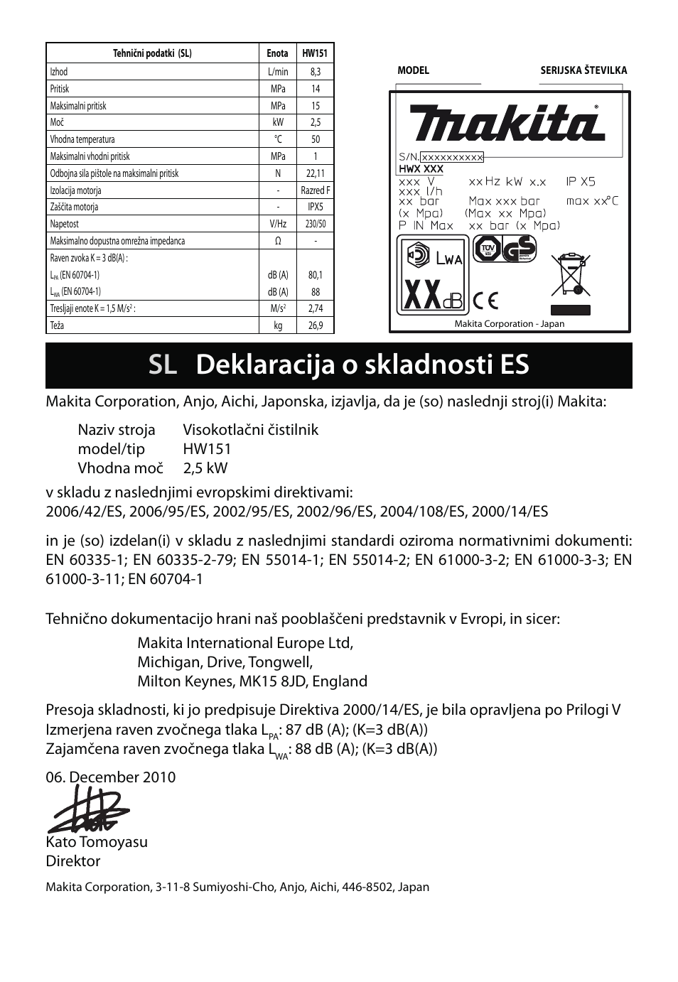 Sl deklaracija o skladnosti es | Makita HW151 User Manual | Page 81 / 140