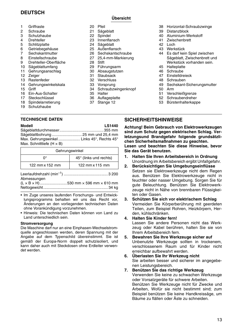 Deutsch, Sicherheitshinweise | Makita LS1440 User Manual | Page 13 / 36