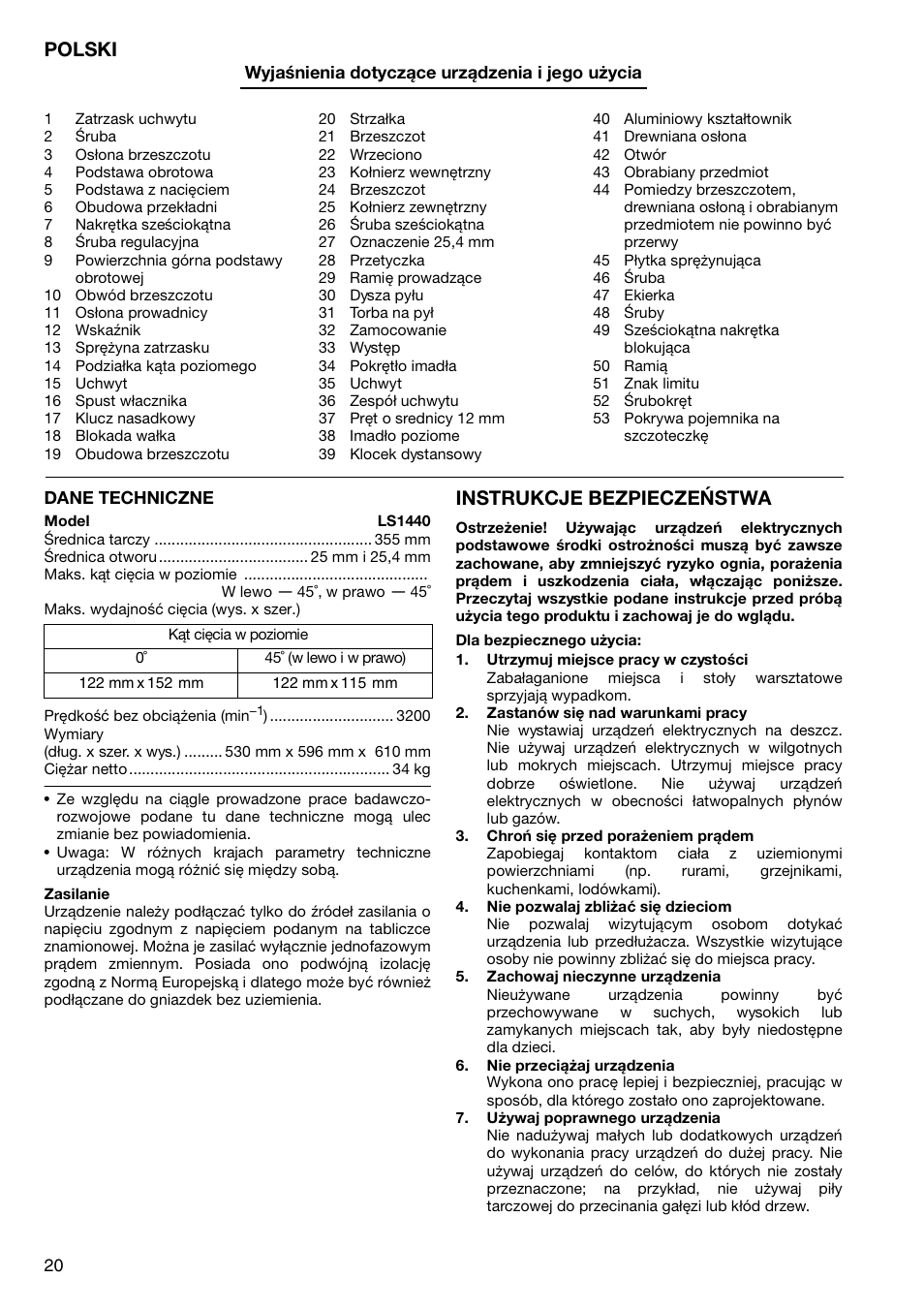 Polski, Instrukcje bezpieczeństwa | Makita LS1440 User Manual | Page 20 / 36