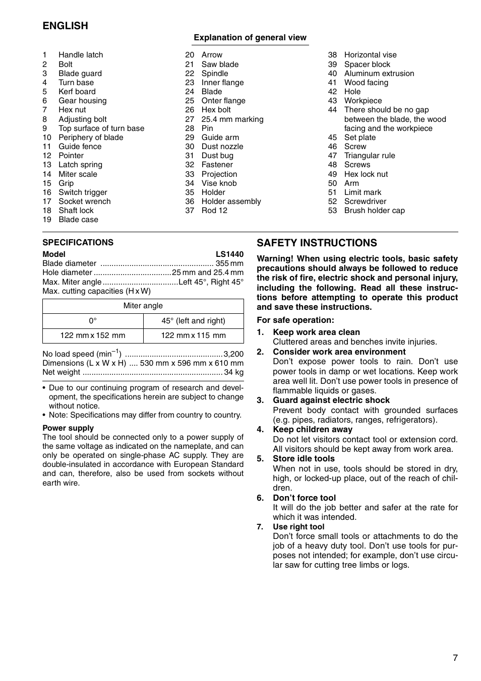 English, Safety instructions | Makita LS1440 User Manual | Page 7 / 36