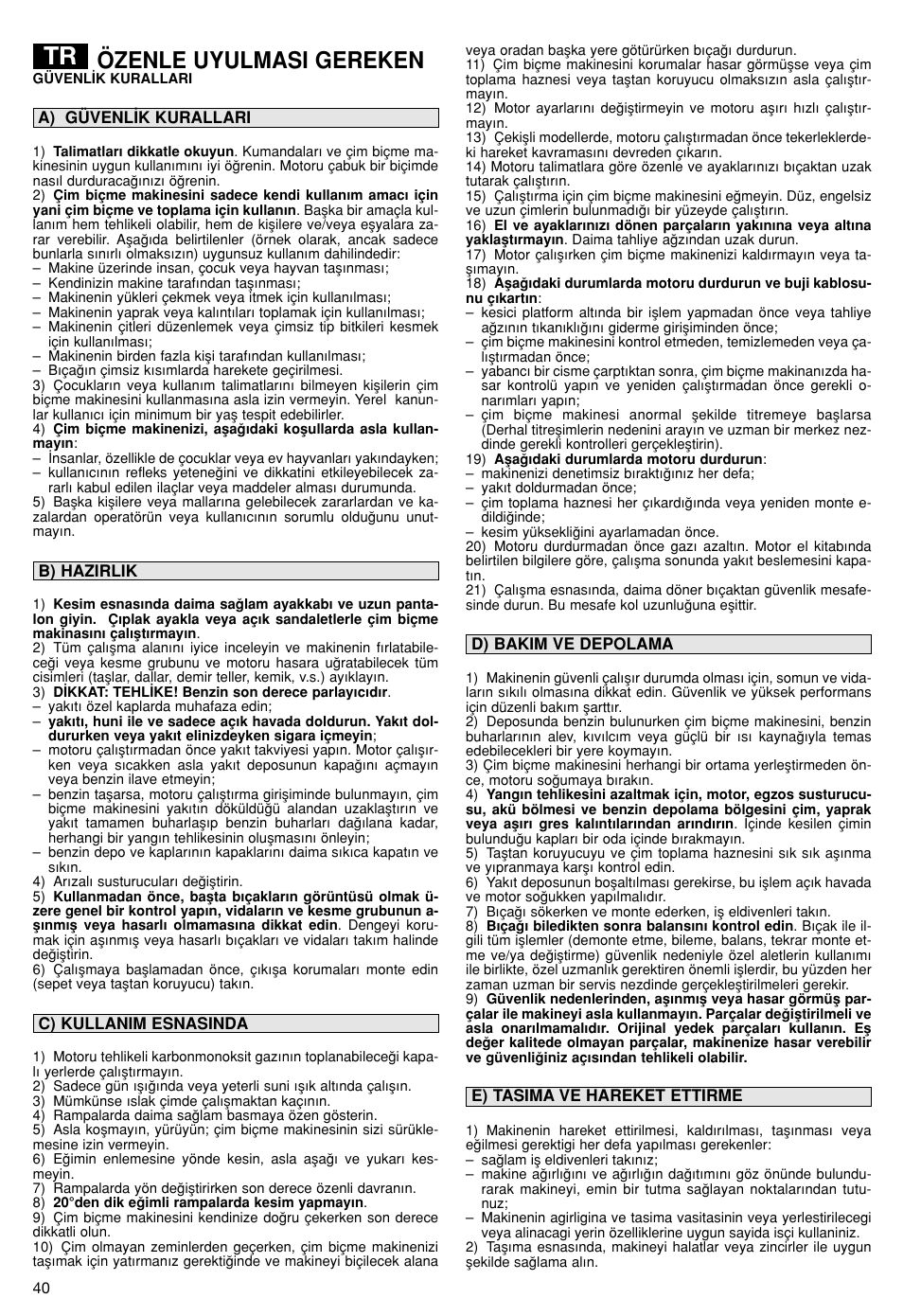 Özenle uyulmasi gereken | Makita PLM5115 User Manual | Page 40 / 132