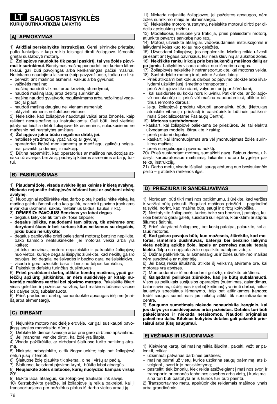 Saugos taisyklės | Makita PLM5115 User Manual | Page 76 / 132