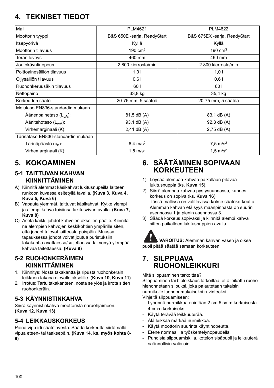 Tekniset tiedot 5. kokoaminen, Säätäminen sopivaan korkeuteen, Silppuava ruohonleikkuri | 1 taittuvan kahvan kiinnittäminen, 2 ruohonkeräimen kiinnittäminen, 3 käynnistinkahva, 4 leikkauskorkeus | Makita PLM4622 User Manual | Page 100 / 212