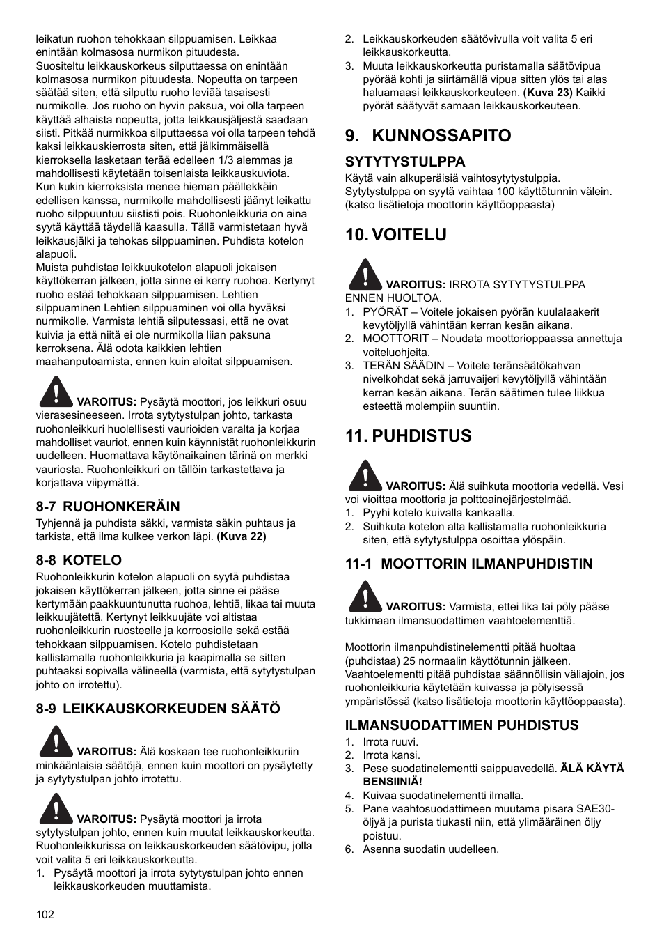 Kunnossapito, Voitelu, Puhdistus | 7 ruohonkeräin, 8 kotelo, 9 leikkauskorkeuden säätö, Sytytystulppa, 1 moottorin ilmanpuhdistin, Ilmansuodattimen puhdistus | Makita PLM4622 User Manual | Page 102 / 212