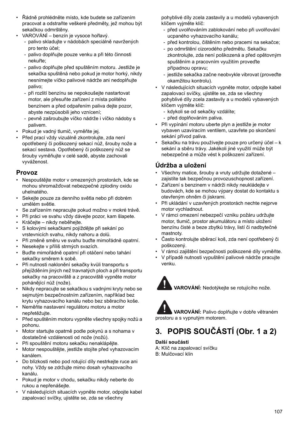 Popis součástí (obr. 1 a 2), Provoz, Údržba a uložení | Makita PLM4622 User Manual | Page 107 / 212