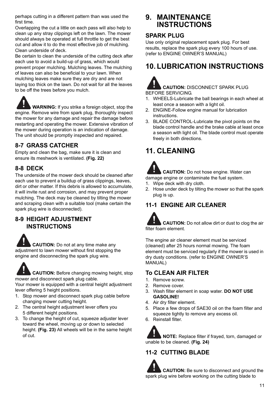 Maintenance instructions, Lubrication instructions, Cleaning | 7 grass catcher, 8 deck, 9 height adjustment instructions, Spark plug, 1 engine air cleaner, 2 cutting blade | Makita PLM4622 User Manual | Page 11 / 212