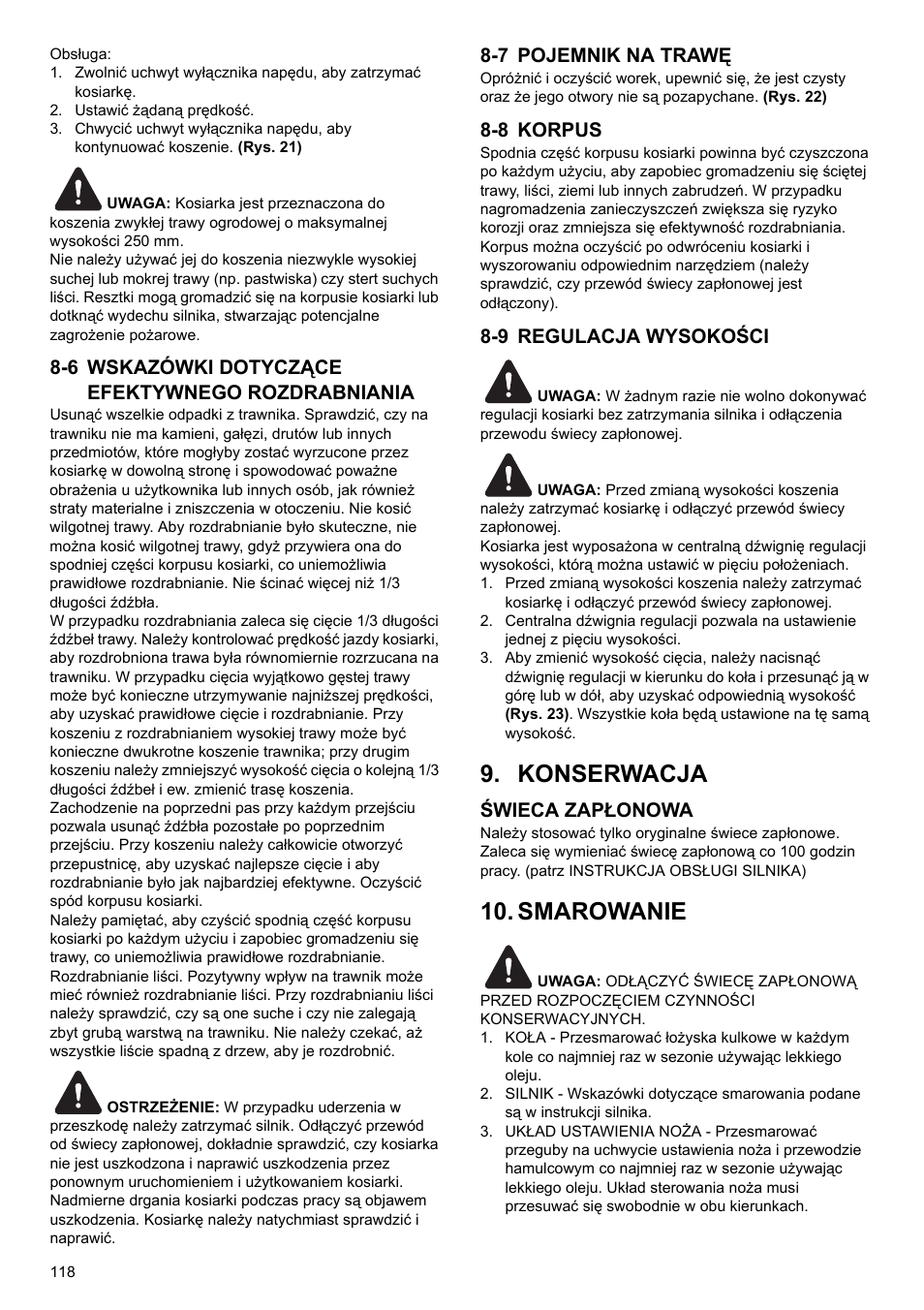 Konserwacja, Smarowanie, 6 wskazówki dotyczące efektywnego rozdrabniania | 7 pojemnik na trawę, 8 korpus, 9 regulacja wysokości, Świeca zapłonowa | Makita PLM4622 User Manual | Page 118 / 212