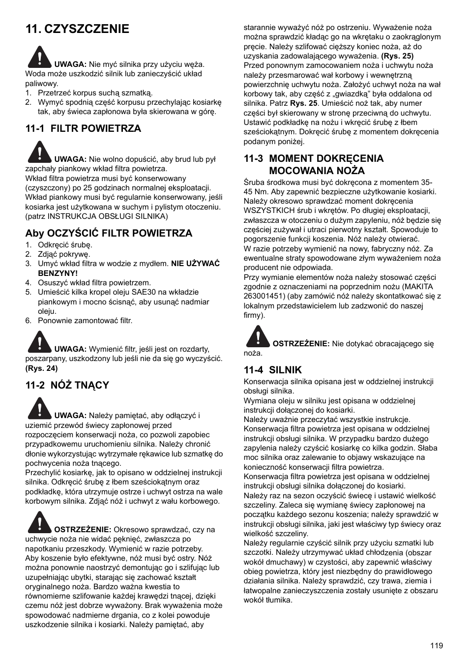Czyszczenie, 1 filtr powietrza, Aby oczyścić filtr powietrza | 2 nóż tnący, 3 moment dokręcenia mocowania noża, 4 silnik | Makita PLM4622 User Manual | Page 119 / 212