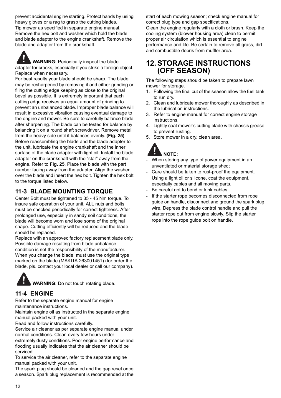 Storage instructions (off season), 3 blade mounting torque, 4 engine | Makita PLM4622 User Manual | Page 12 / 212