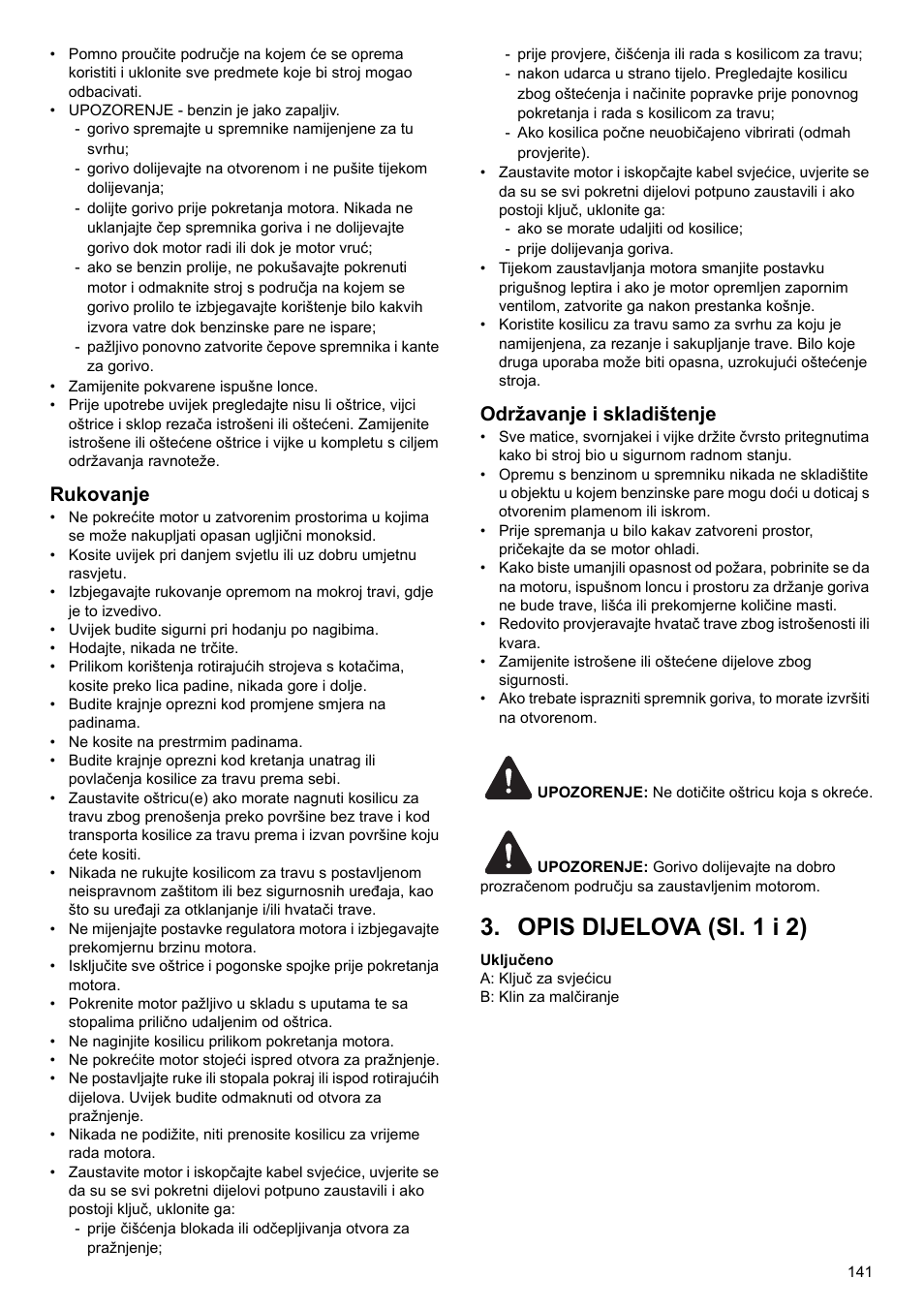 Opis dijelova (sl. 1 i 2), Rukovanje, Održavanje i skladištenje | Makita PLM4622 User Manual | Page 141 / 212