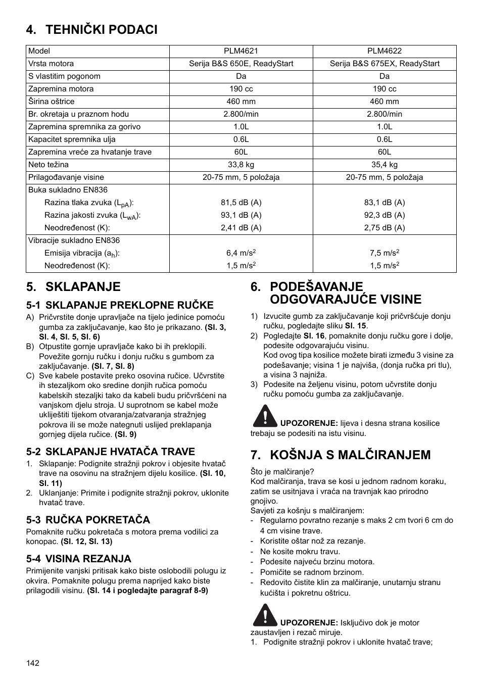 Tehnički podaci 5. sklapanje, Podešavanje odgovarajuće visine, Košnja s malčiranjem | 1 sklapanje preklopne ručke, 2 sklapanje hvatača trave, 3 ručka pokretača, 4 visina rezanja | Makita PLM4622 User Manual | Page 142 / 212