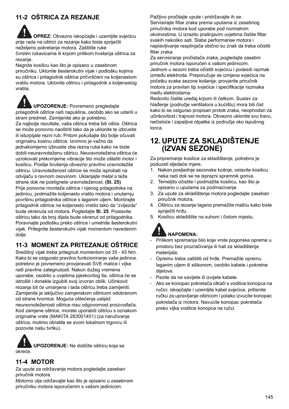 Upute za skladištenje (izvan sezone), 2 oštrica za rezanje, 3 moment za pritezanje oštrice | 4 motor | Makita PLM4622 User Manual | Page 145 / 212