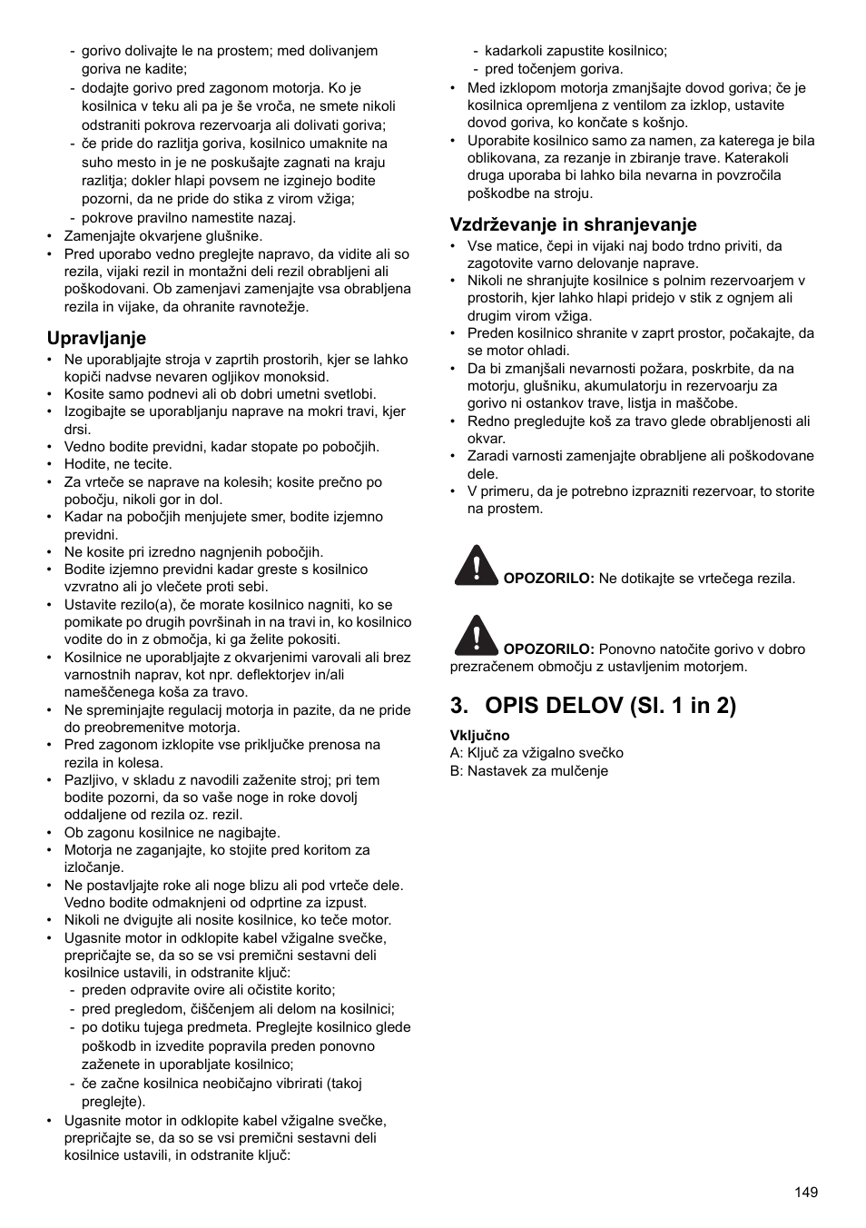 Opis delov (sl. 1 in 2), Upravljanje, Vzdrževanje in shranjevanje | Makita PLM4622 User Manual | Page 149 / 212