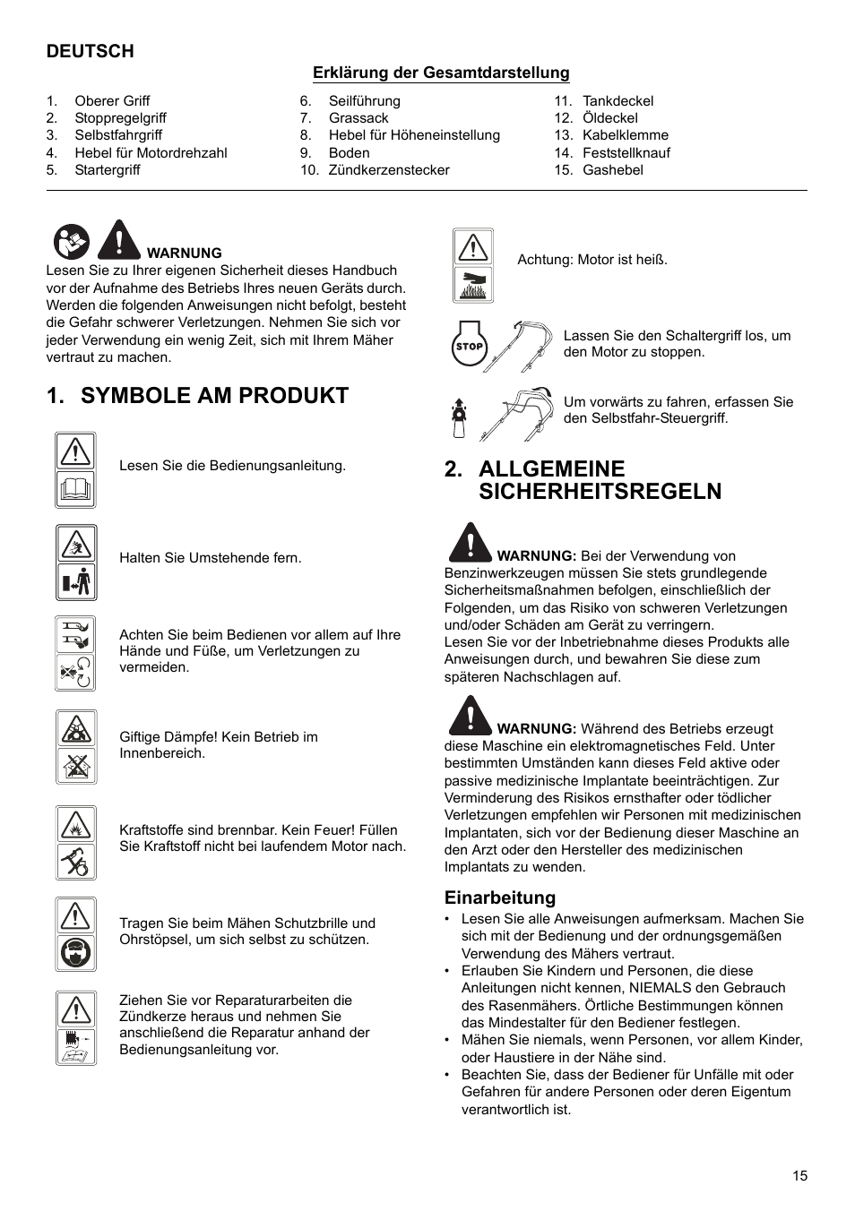 Symbole am produkt 2. allgemeine sicherheitsregeln, Deutsch, Einarbeitung | Makita PLM4622 User Manual | Page 15 / 212