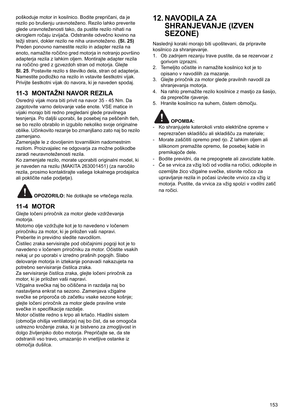 Navodila za shranjevanje (izven sezone), 3 montažni navor rezila, 4 motor | Makita PLM4622 User Manual | Page 153 / 212