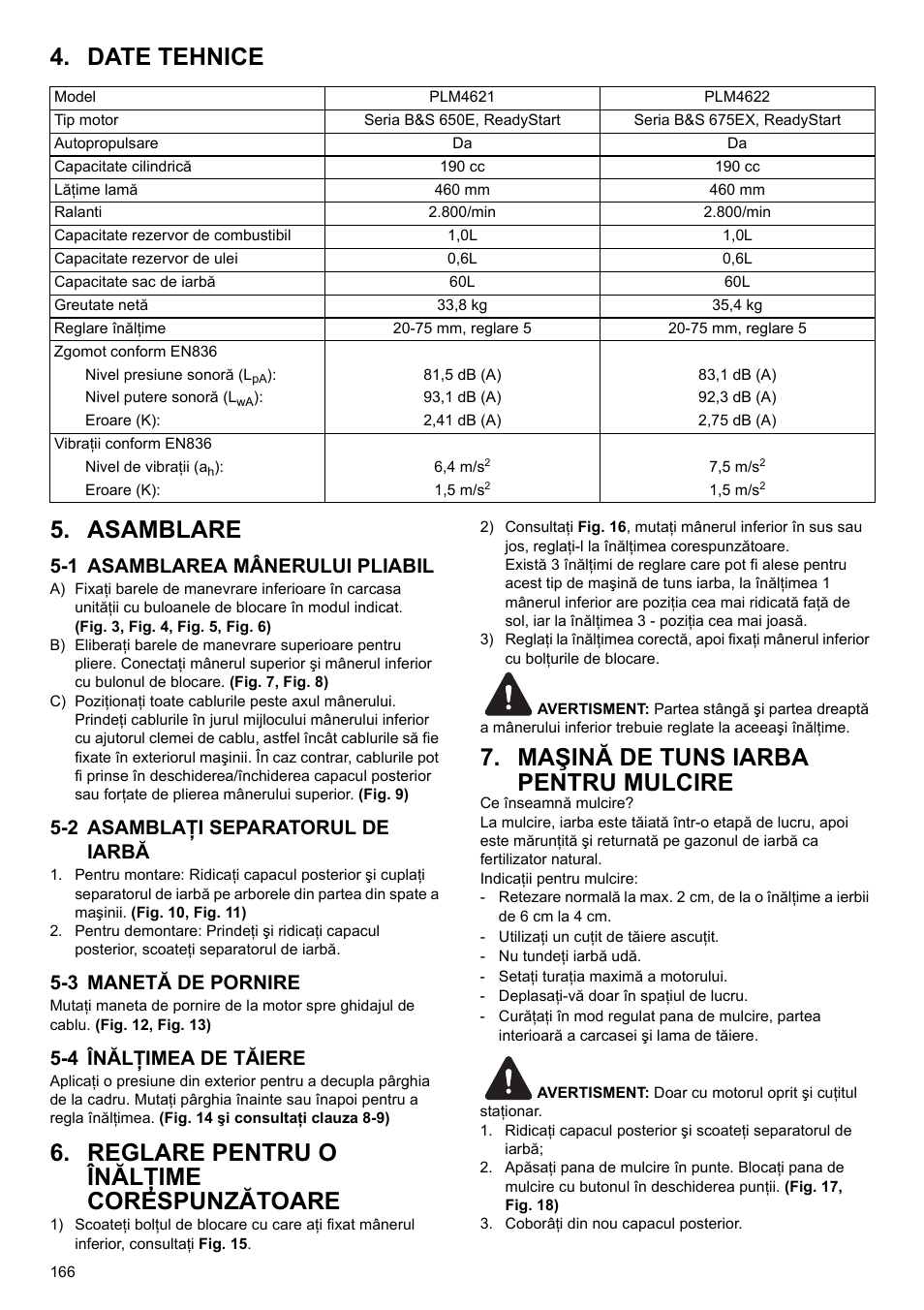 Date tehnice 5. asamblare, Reglare pentru o înălţime corespunzătoare, Maşină de tuns iarba pentru mulcire | 1 asamblarea mânerului pliabil, 2 asamblaţi separatorul de iarbă, 3 manetă de pornire, 4 înălţimea de tăiere | Makita PLM4622 User Manual | Page 166 / 212