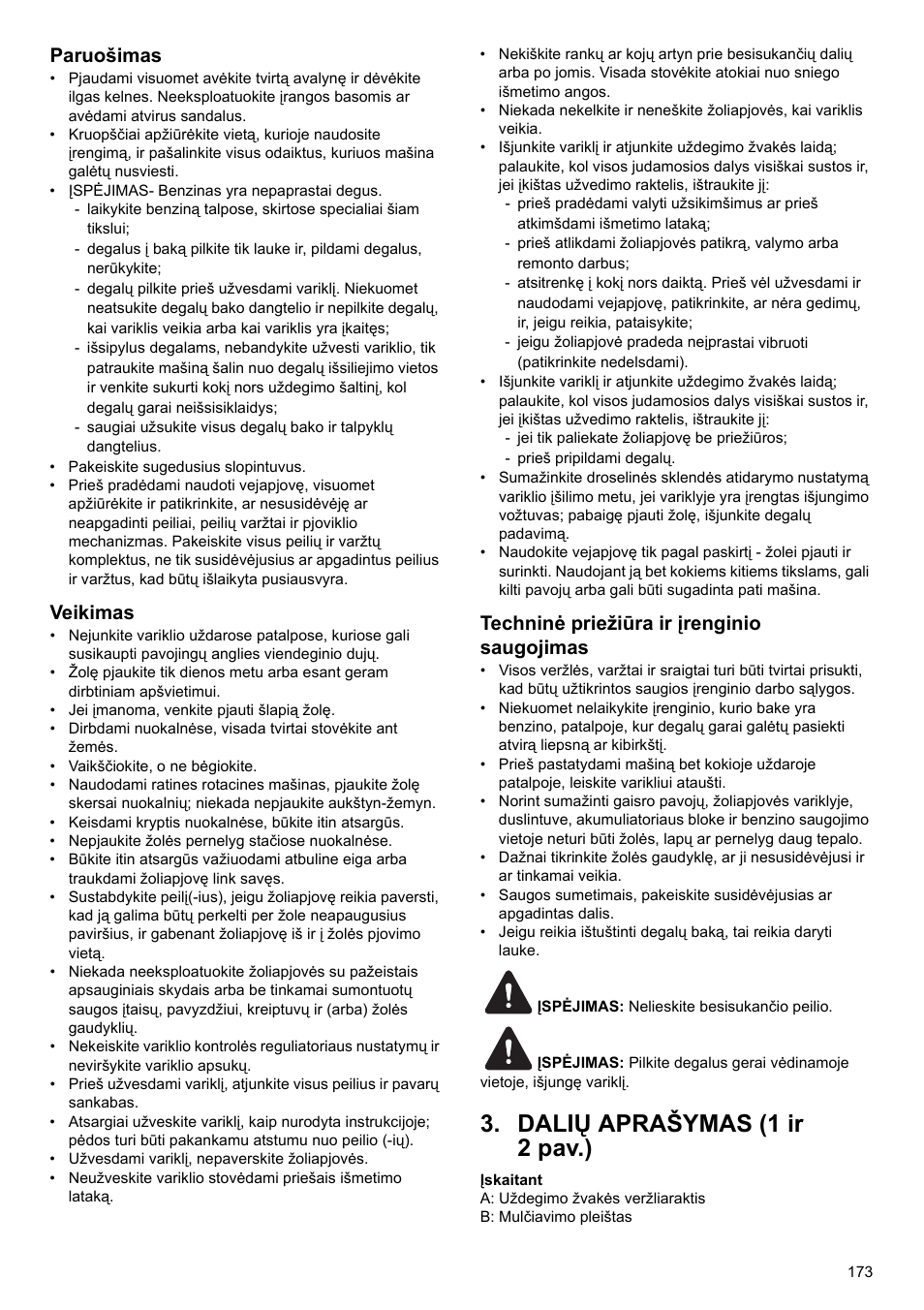 Dalių aprašymas (1 ir 2 pav.), Paruošimas, Veikimas | Techninė priežiūra ir įrenginio saugojimas | Makita PLM4622 User Manual | Page 173 / 212