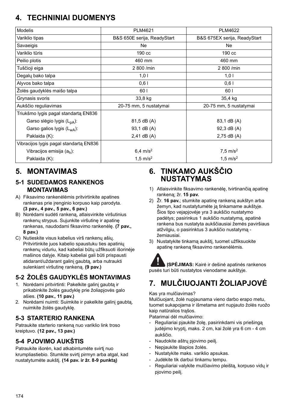 Techniniai duomenys 5. montavimas, Tinkamo aukščio nustatymas, Mulčiuojanti žoliapjovė | 1 sudedamos rankenos montavimas, 2 žolės gaudyklės montavimas, 3 starterio rankena, 4 pjovimo aukštis | Makita PLM4622 User Manual | Page 174 / 212