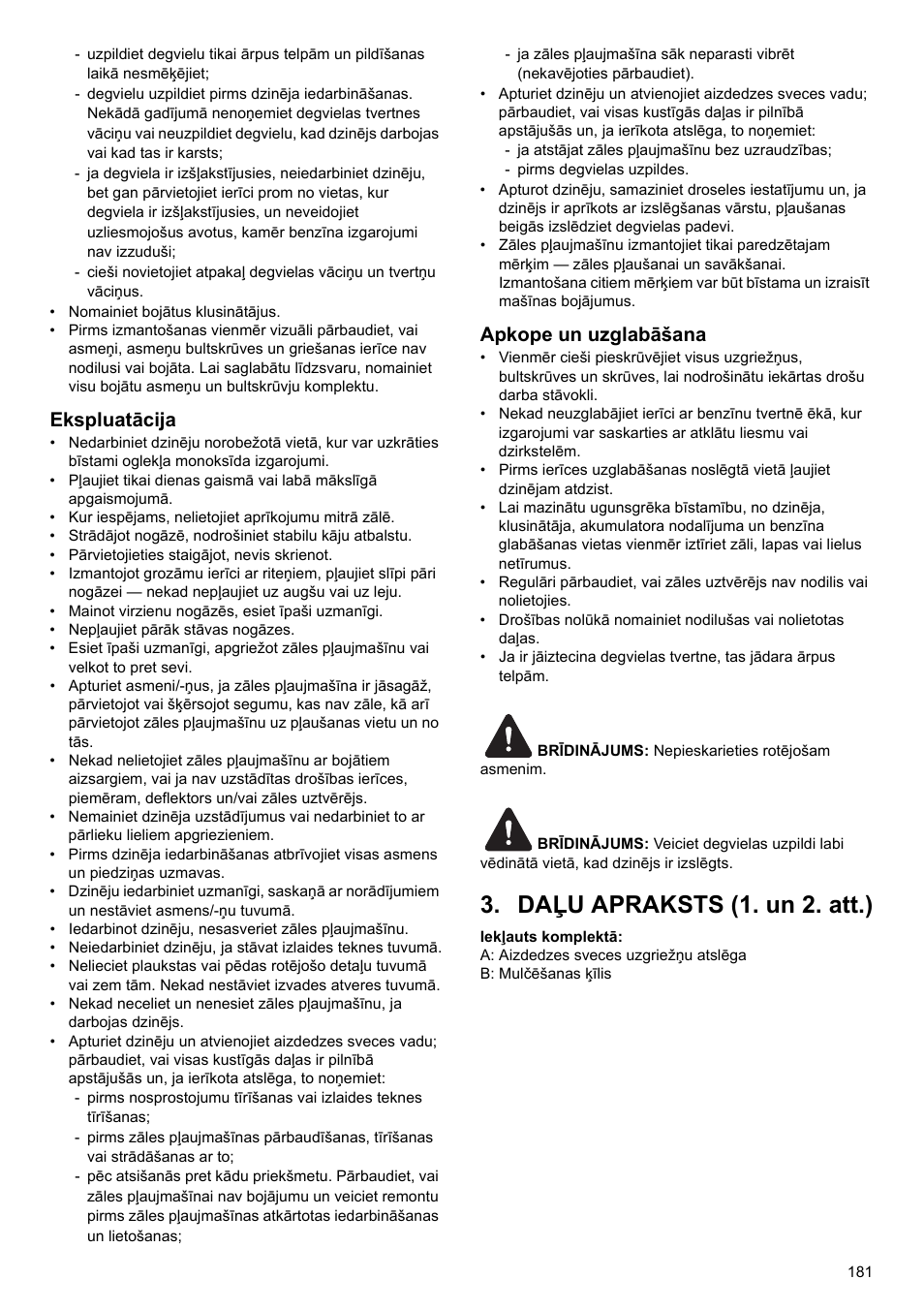 Daļu apraksts (1. un 2. att.), Ekspluatācija, Apkope un uzglabāšana | Makita PLM4622 User Manual | Page 181 / 212