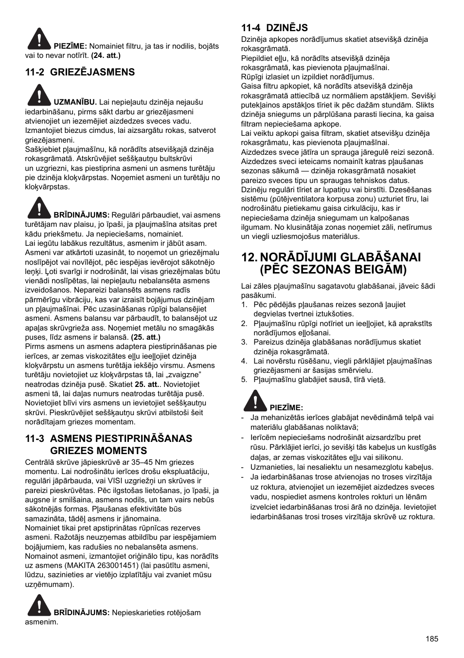 Norādījumi glabāšanai (pēc sezonas beigām), 2 griezējasmens, 3 asmens piestiprināšanas griezes moments | 4 dzinējs | Makita PLM4622 User Manual | Page 185 / 212