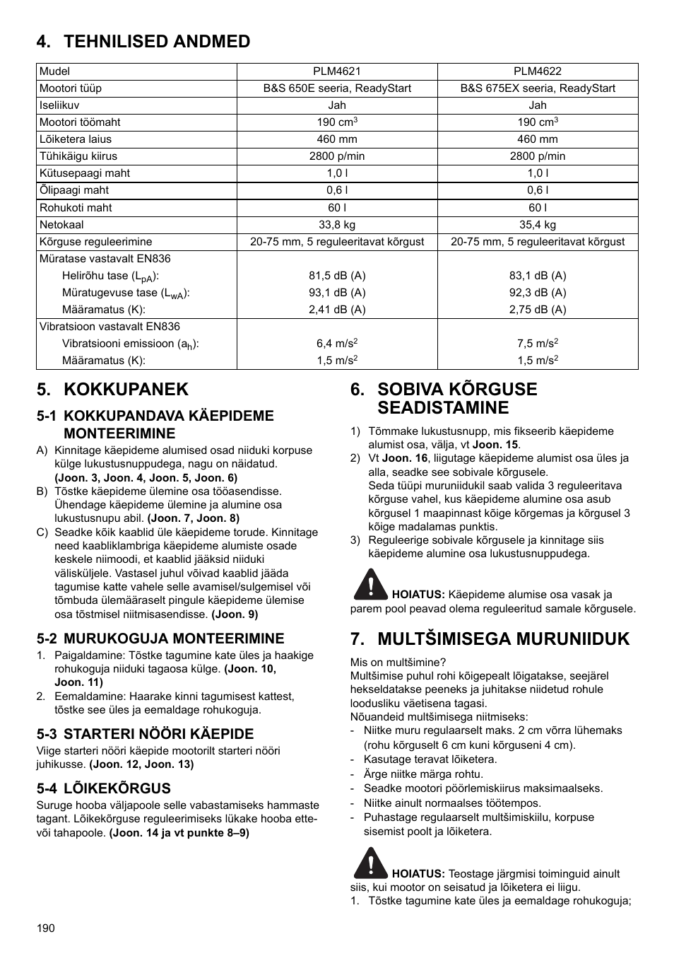 Tehnilised andmed 5. kokkupanek, Sobiva kõrguse seadistamine, Multšimisega muruniiduk | 1 kokkupandava käepideme monteerimine, 2 murukoguja monteerimine, 3 starteri nööri käepide, 4 lõikekõrgus | Makita PLM4622 User Manual | Page 190 / 212