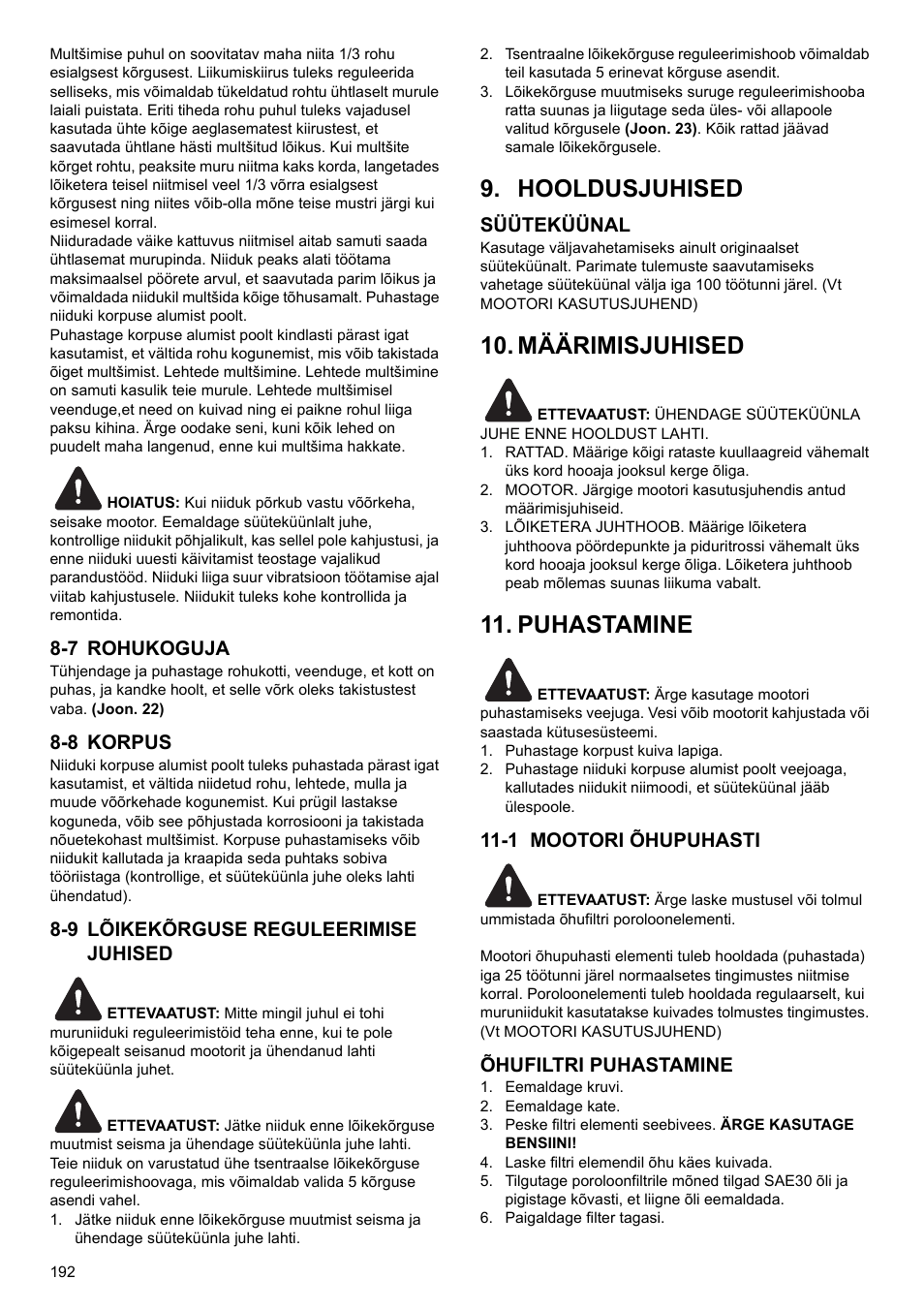 Hooldusjuhised, Määrimisjuhised, Puhastamine | 7 rohukoguja, 8 korpus, 9 lõikekõrguse reguleerimise juhised, Süüteküünal, 1 mootori õhupuhasti, Õhufiltri puhastamine | Makita PLM4622 User Manual | Page 192 / 212