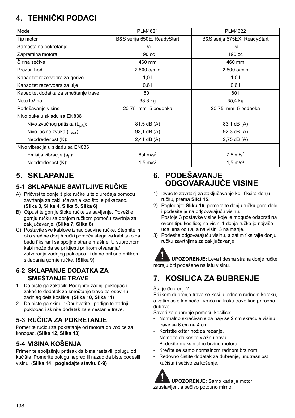 Tehnički podaci 5. sklapanje, Podešavanje odgovarajuće visine, Kosilica za đubrenje | 1 sklapanje savitljive ručke, 2 sklapanje dodatka za smeštanje trave, 3 ručica za pokretanje, 4 visina košenja | Makita PLM4622 User Manual | Page 198 / 212