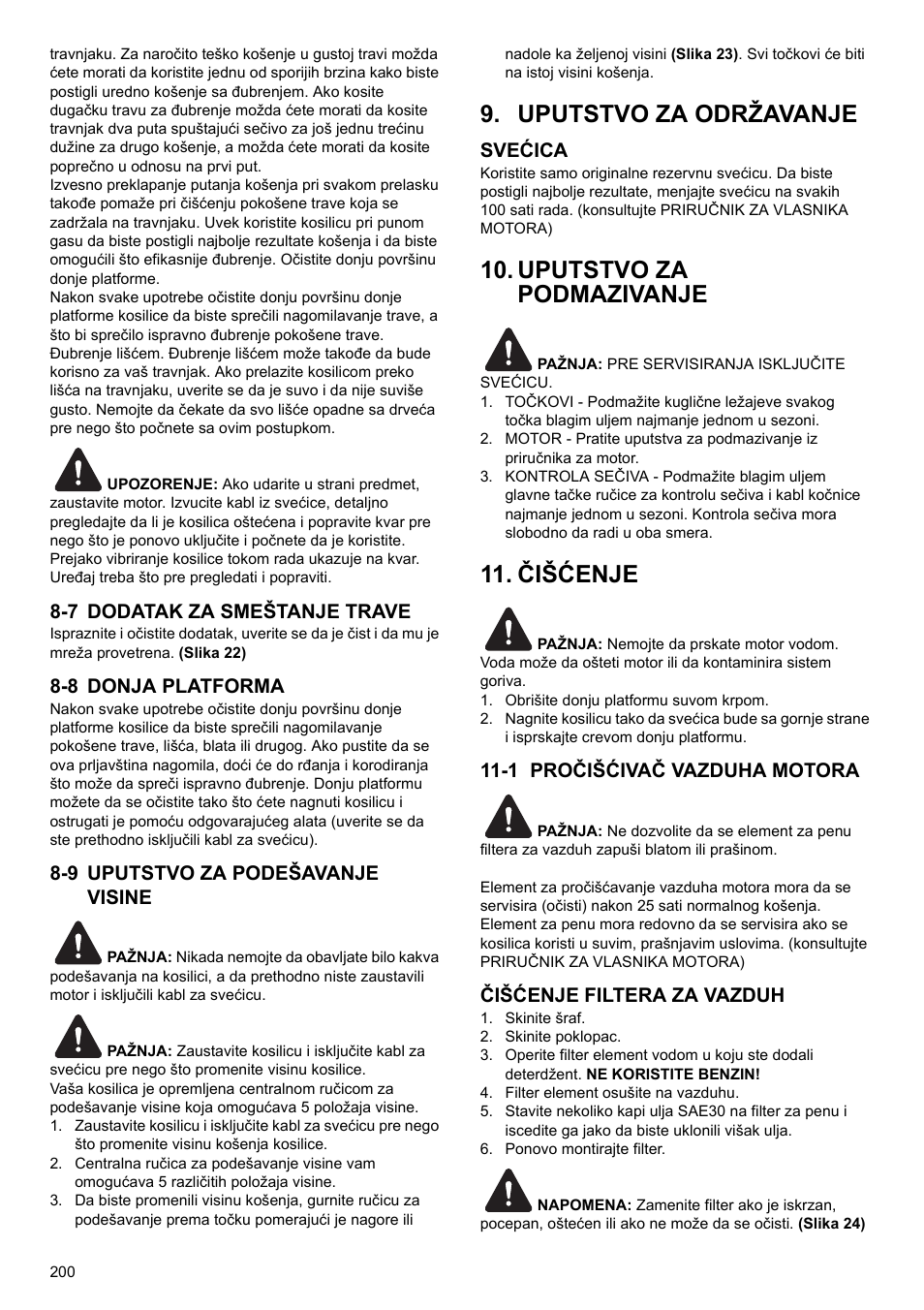 Uputstvo za održavanje, Uputstvo za podmazivanje, Čišćenje | 7 dodatak za smeštanje trave, 8 donja platforma, 9 uputstvo za podešavanje visine, Svećica, 1 pročišćivač vazduha motora, Čišćenje filtera za vazduh | Makita PLM4622 User Manual | Page 200 / 212