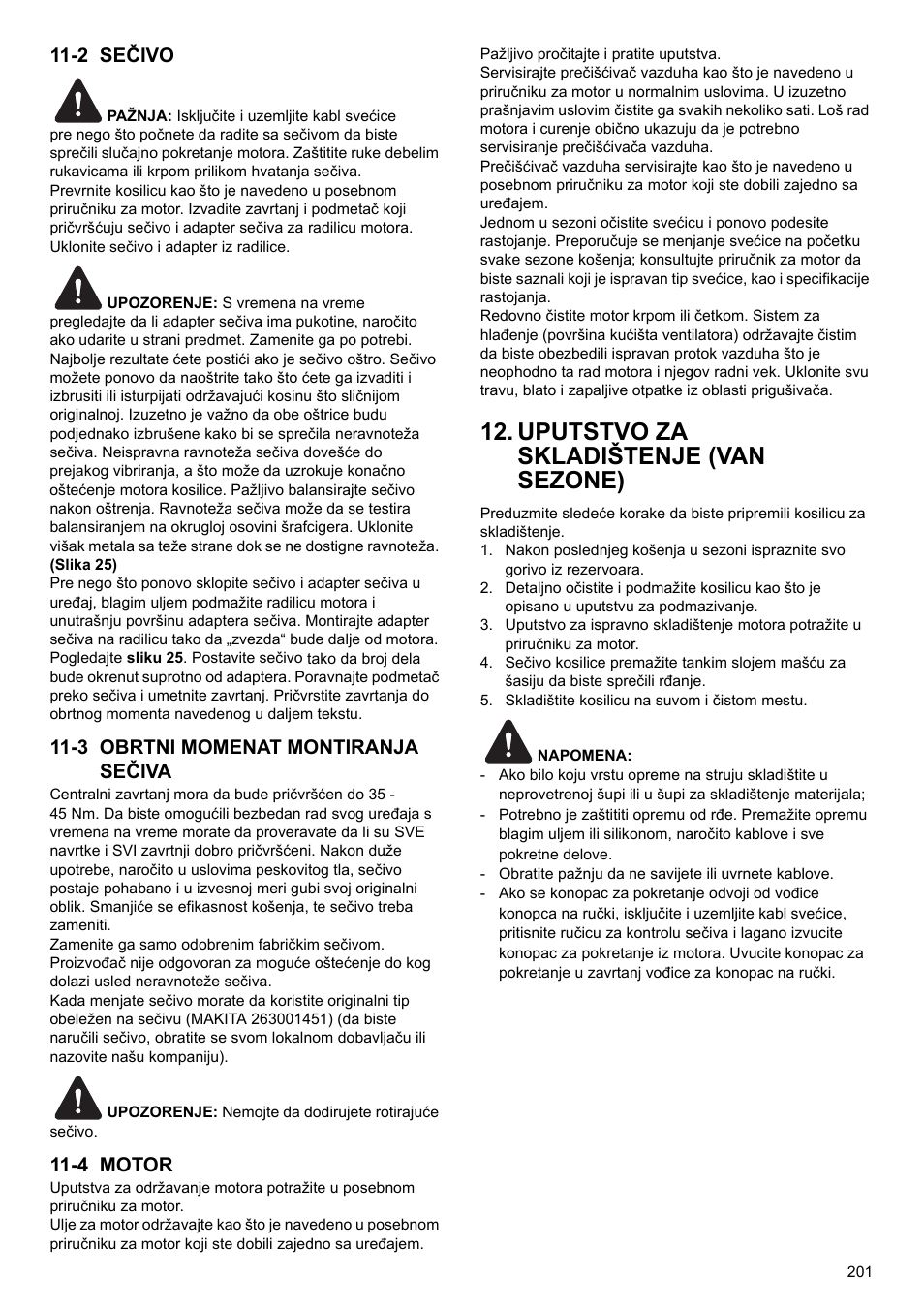 Uputstvo za skladištenje (van sezone), 2 sečivo, 3 obrtni momenat montiranja sečiva | 4 motor | Makita PLM4622 User Manual | Page 201 / 212